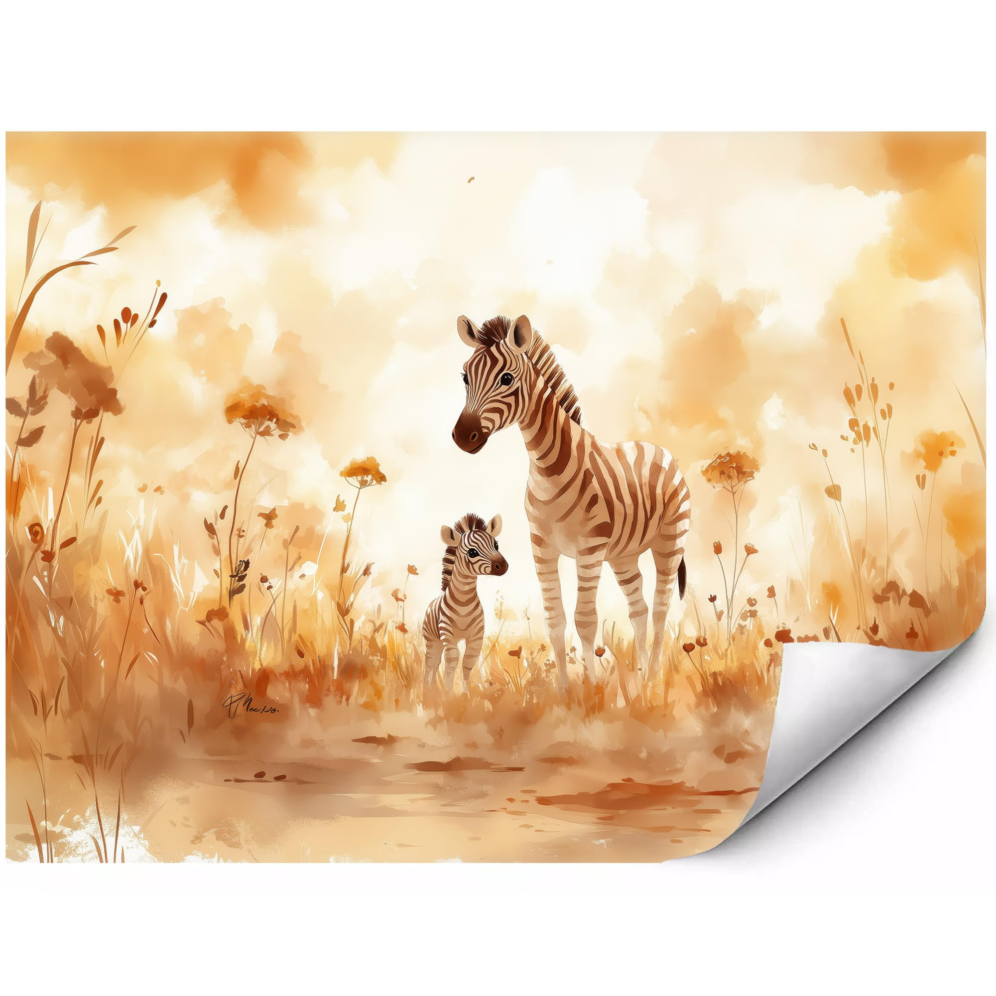 Samoprzylepna fototapeta z zebrą i źrebakiem zebry akwarela | Folia samoprzylepna odcienie beżu i brązu piękny wzór safari do pokoju dziecięcego niemowlaka dziewczynki chłopca 150x105 cm