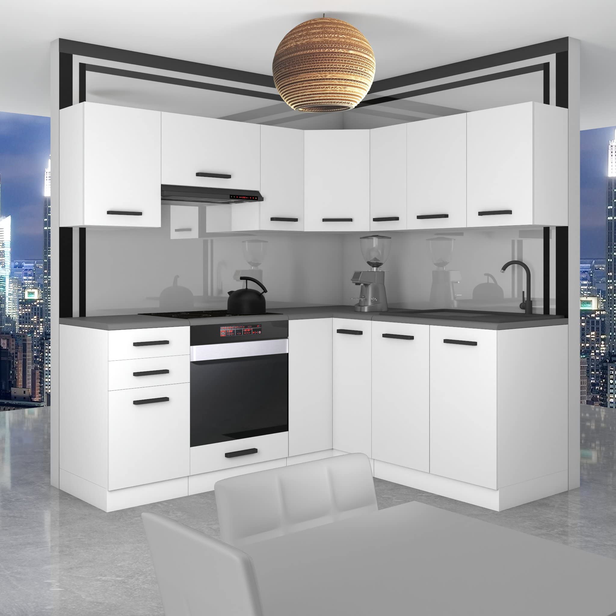 Belini cucina forma a L SARAH, senza piano di lavoro, bianco opaco | Blocco cucina cucina mobili da cucina con maniglie, cucina componibile senza elettrodomestici con pensili e mobili bassi
