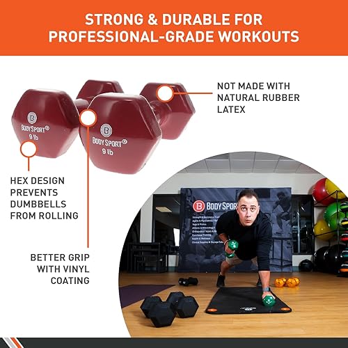Miniatura 2 de Body Sport Peso de mancuerna con revestimiento de vinilo, 9 libras (par) - Equipo de entrenamiento de fuerza para entrenamientos de fitness y