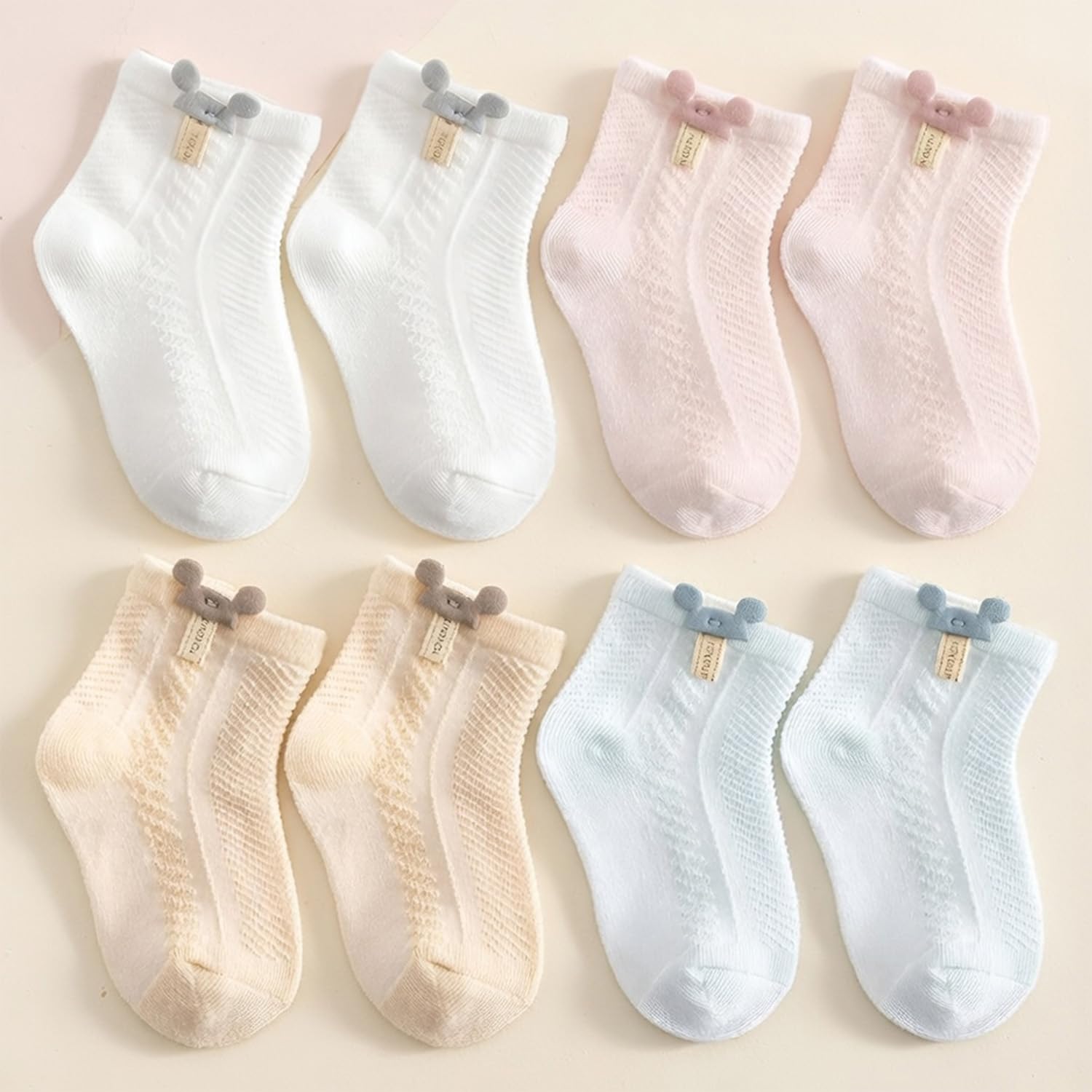 SYGA 4-Pairs Baby Socks Set Mesh Short Cotton with Mouse Cartoon Pattern for Newborns 0-6 Months(White, Pink, Khaki, Green) 4