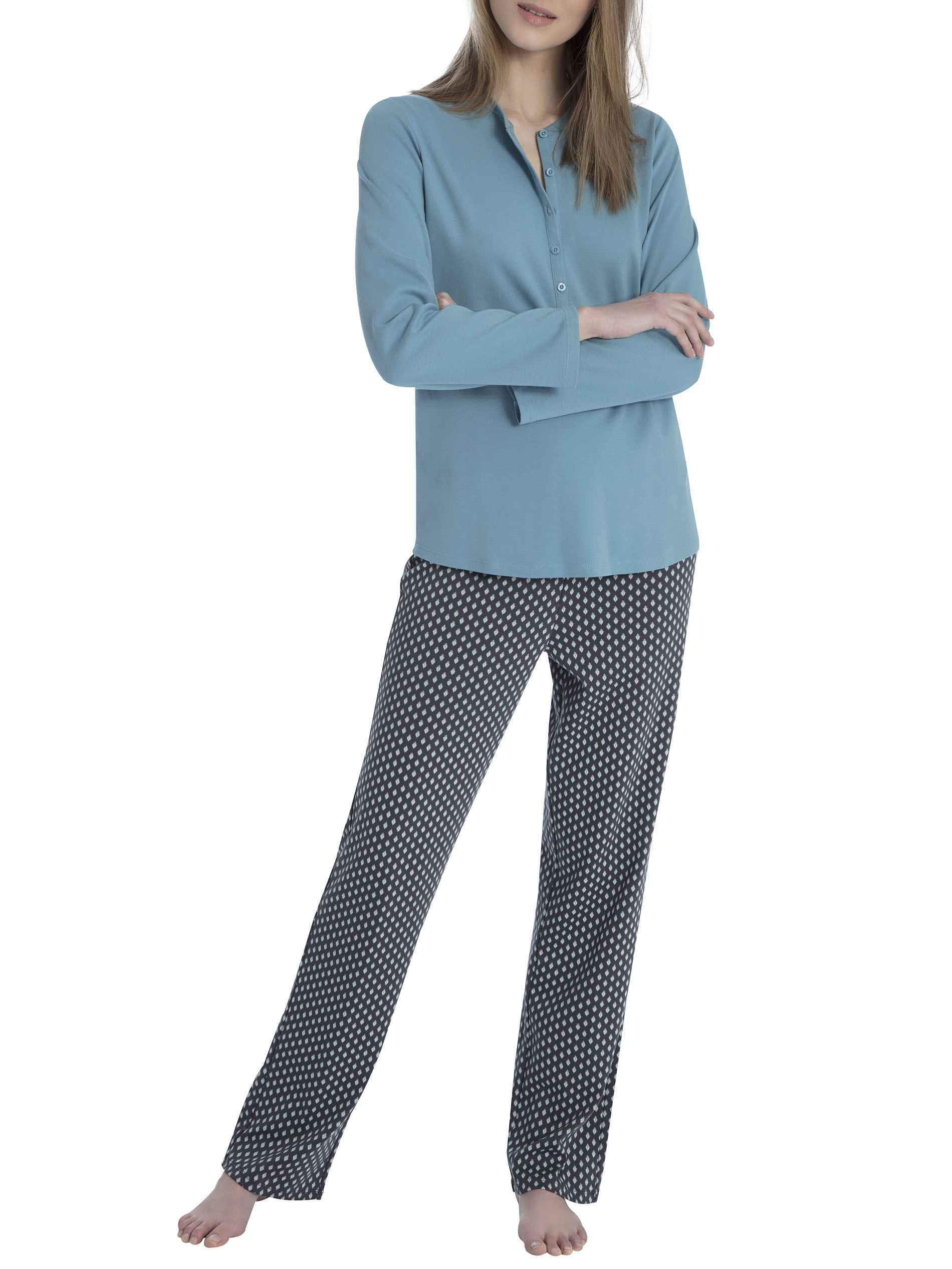 Long Sleeve Cotton Knit Button Tab Pajama Set Turquoise Shade