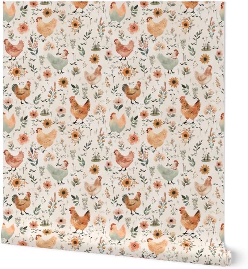 Peel & Stick Wallpaper 3ft x 2ft - Pastel Hens Farmhouse Spring Florals Medium Watercolor Easter Bohemian Baby Chicken Boho Custom Removable Wallpaper by Spoonflower
