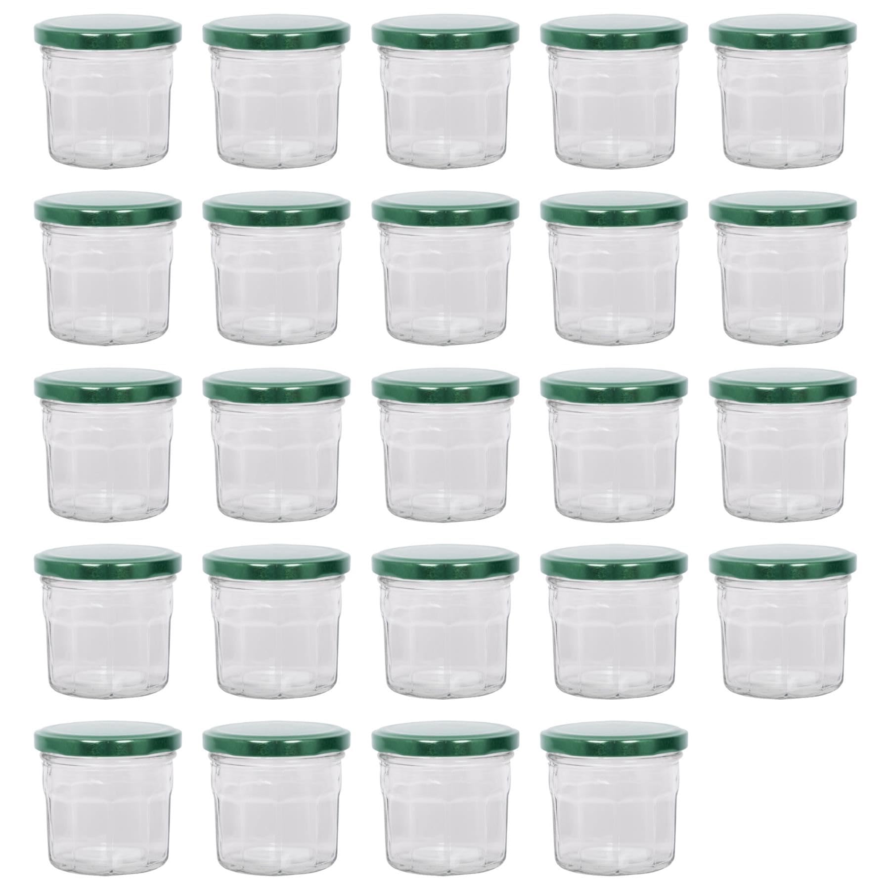 Argon Tableware 24x 130ml Glass Jam Jars with Green Lids - Empty Screw Top Kitchen Food Honey Spice Preserving Canning Storage Jar Set
