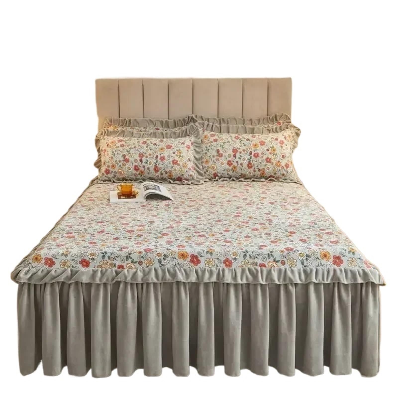 Jupe de lit en peluche à petits motifs floraux 3 pièces, couvre-lit d'hiver thermique 180x200cm