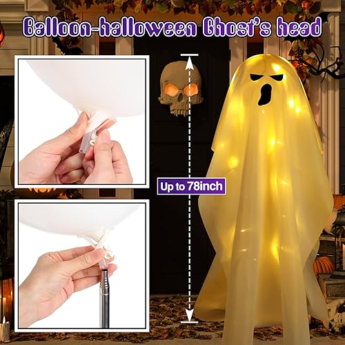 Miniatura 6 de Poen 4 fantasmas grandes de tela blanca iluminados para Halloween, fantasmas gigantes lindos con cadena de luces LED, iluminan fiestas de