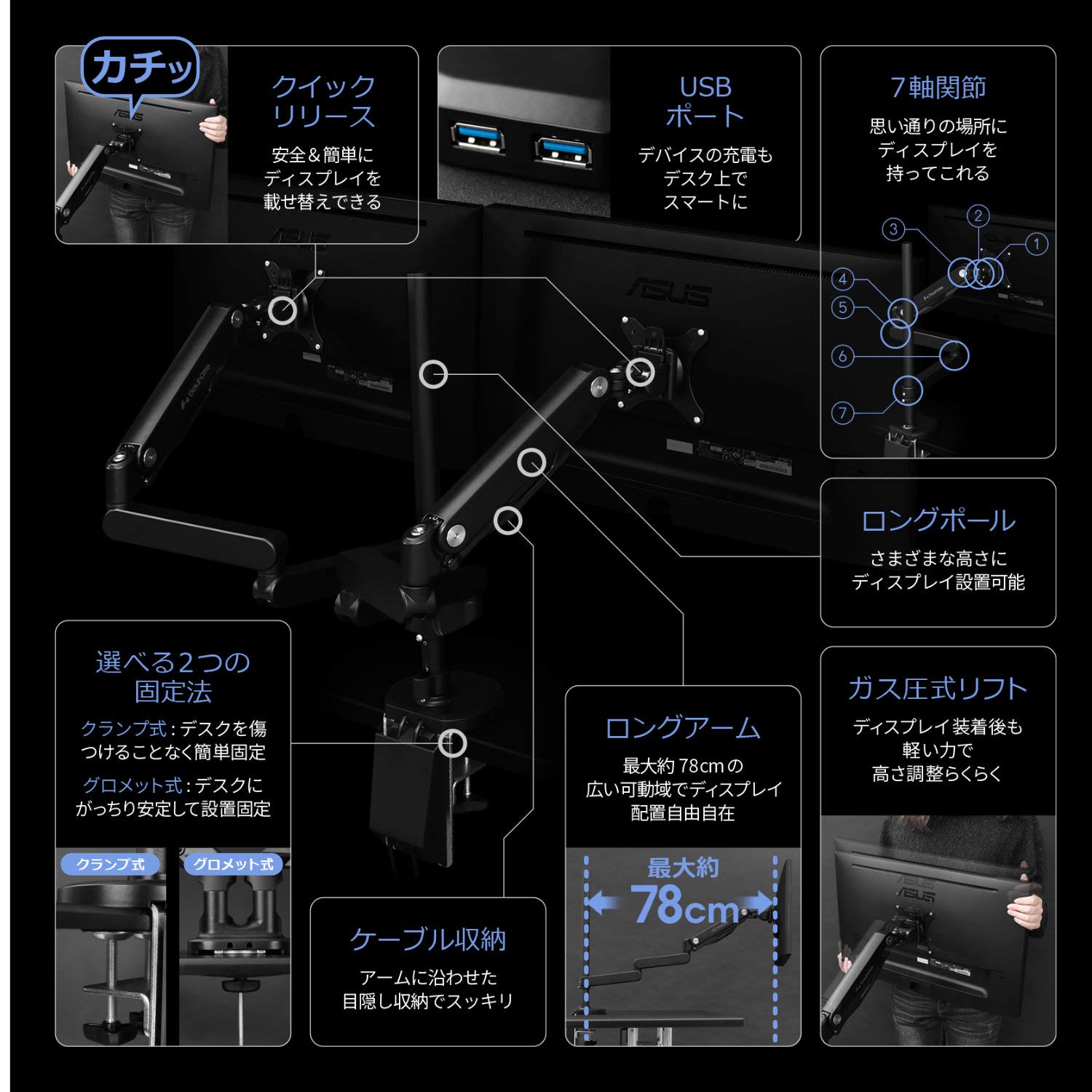 Amazon｜Bauhutte(バウヒュッテ) ロング モニターアーム GS トリプル 3