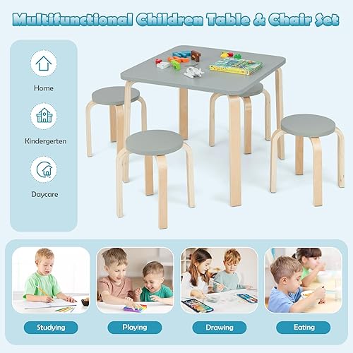 Miniatura 3 de INFANS Juego de mesa y taburete de madera para niños, mesa de actividades de 5 piezas con 4 taburetes para niños pequeños, bloque de construcción,