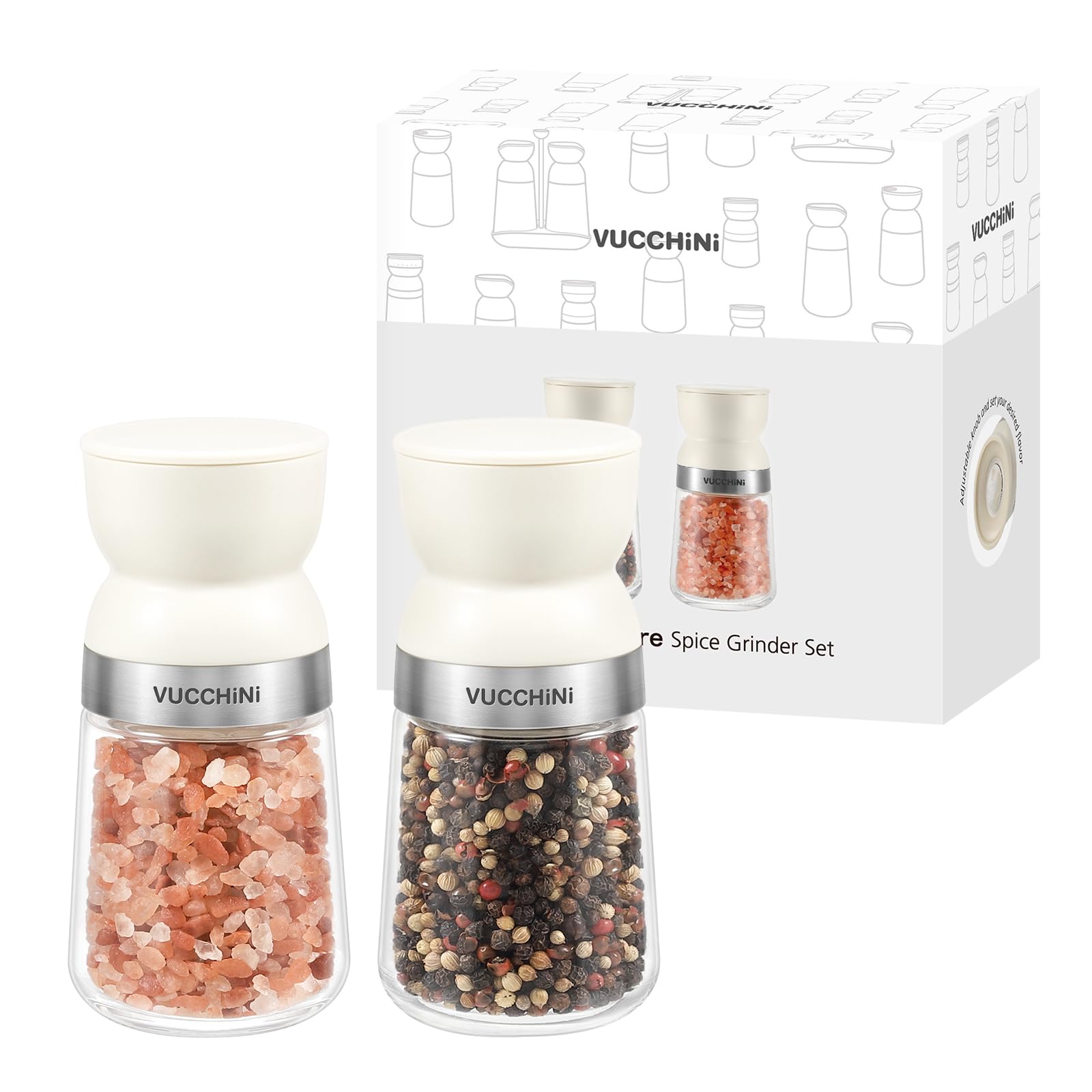 Vucchini Moulin à Sel et à Poivre 2 Ensembles avec Noyau en Céramique, Grosseur Ajustable, Beige