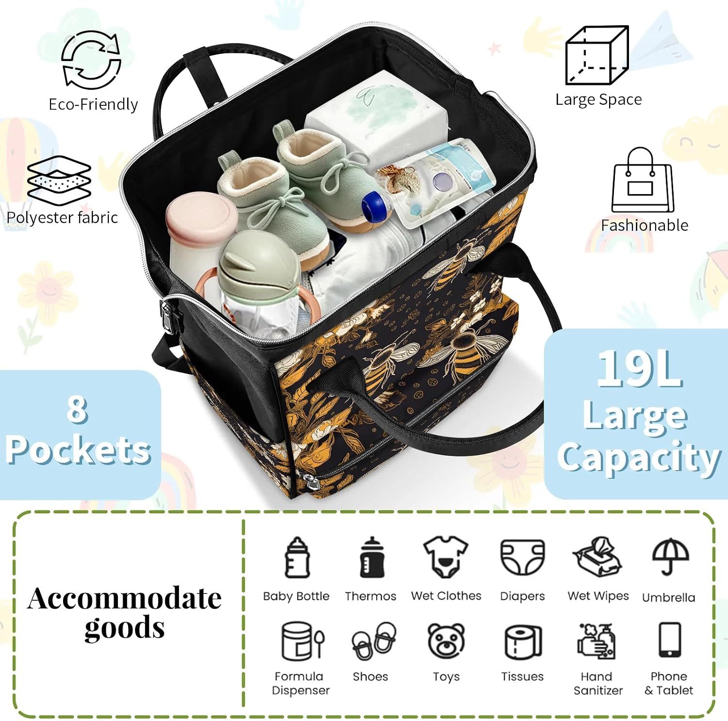 Honeybaby Diaper Bag Backpack for Mom & Dad Bees and Flowers 19L Large Diaper Bag Tote with Multi-Pocket, Portable & Standable Unisex Baby Bag for Travel, Shopping, Outings