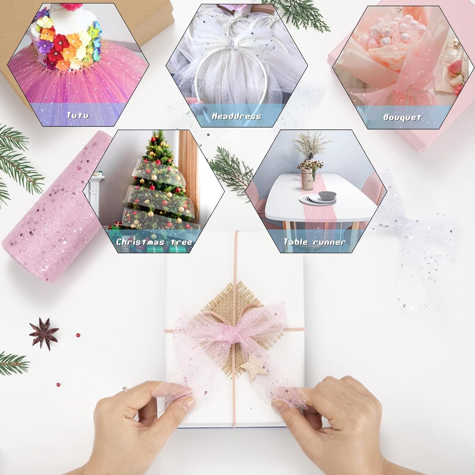 Rotoli Di Tulle Scintillante Bianco E Rosa Con Lustrini, 15 Cm X 22,5 M Ciascuno, Per Decorazioni Fai-da-te, Matrimoni E Feste