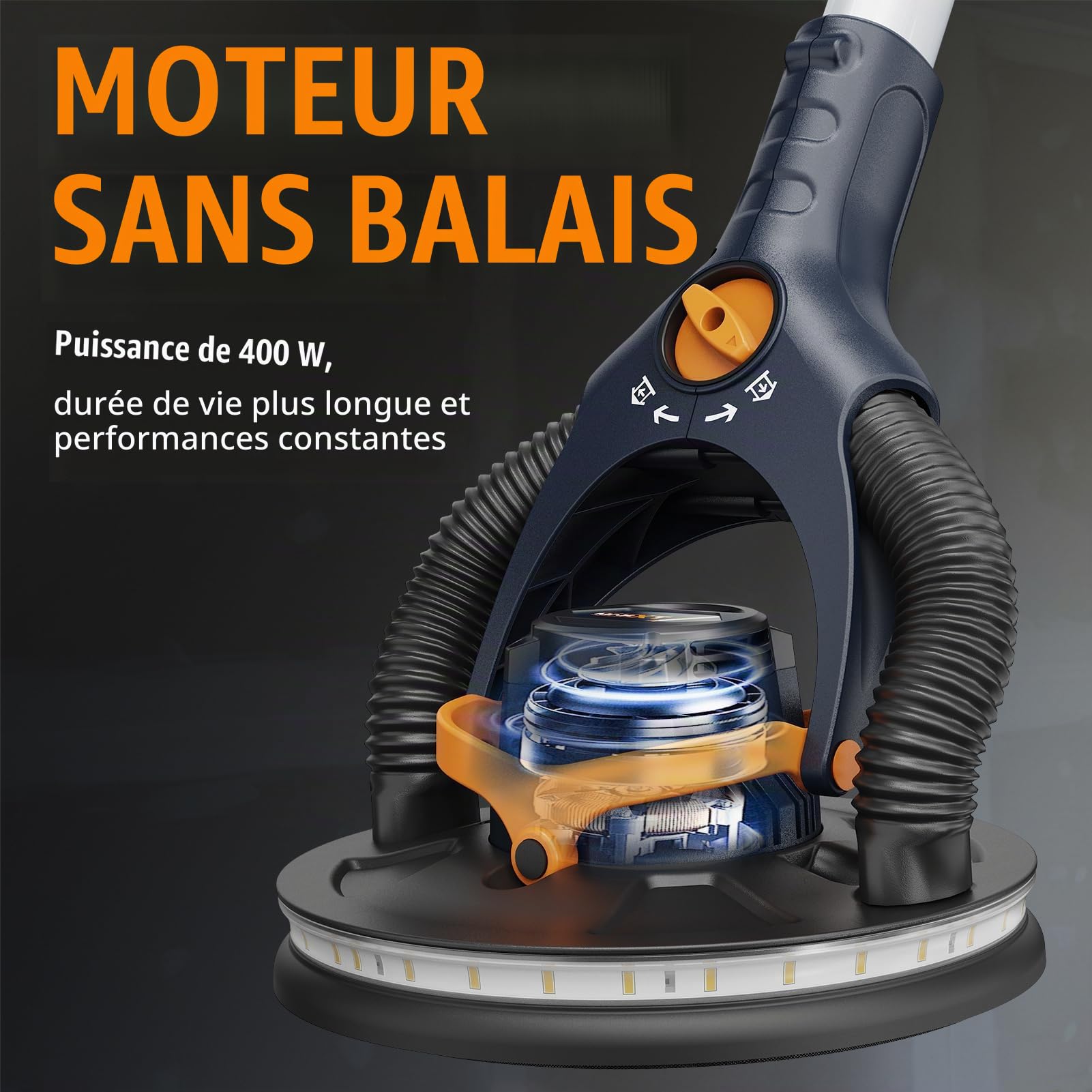 MAXXT Ponceuse à Sec Sans Balais - Orbite 4mm, Double Canal avec Adhésion au Plafond, Mode Simple/Double pour Murs & Plafonds, 4000-8500 tr/min, LED, Pliable, 400W, Manche 1,65M, Plateau 215mm