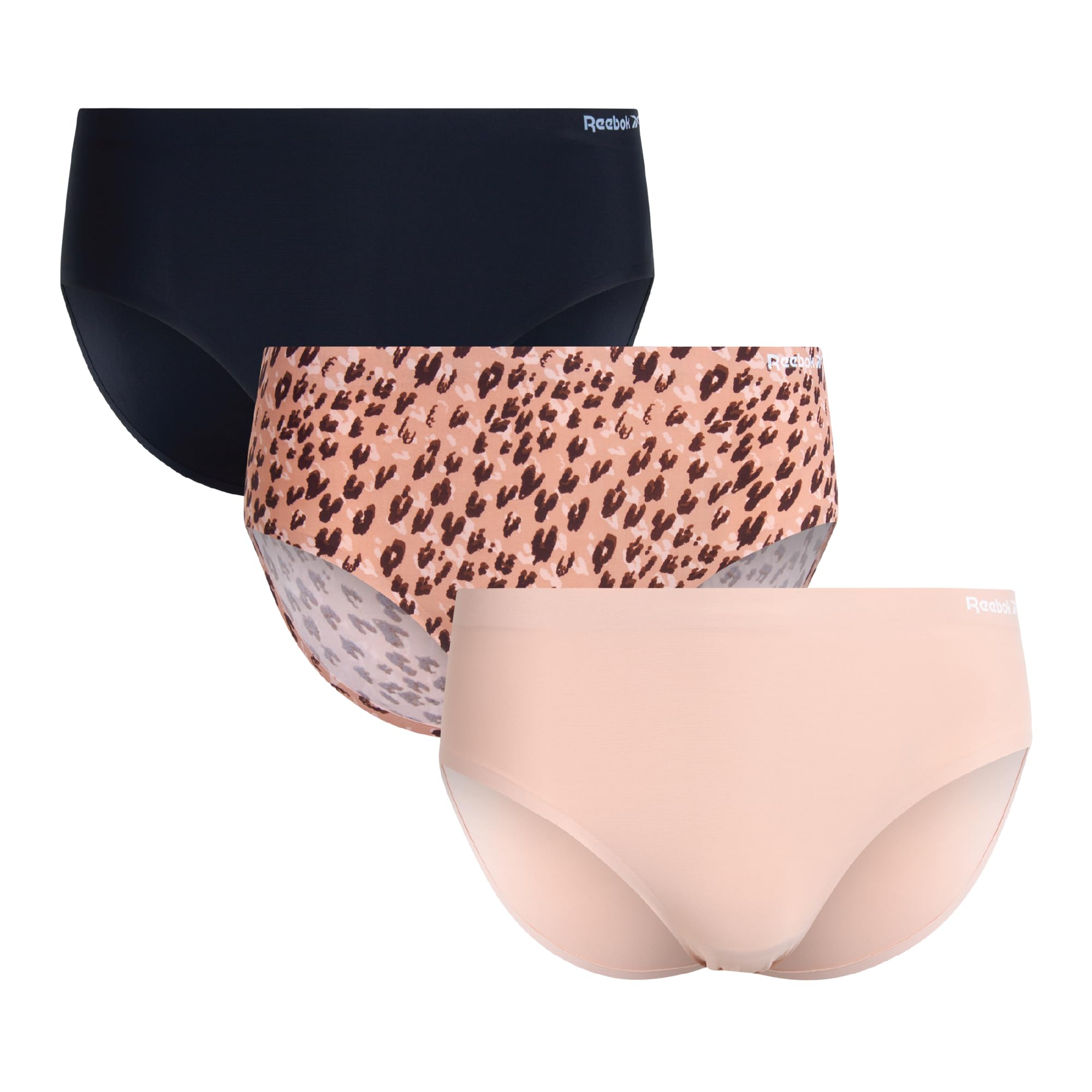Reebok Womens Hipster Panties - 3 Pack Breathable Seamless Hipster Panties for Women No Show Briefs Tagless Womens Underwear, Leopard/Rose Dust/Black, M