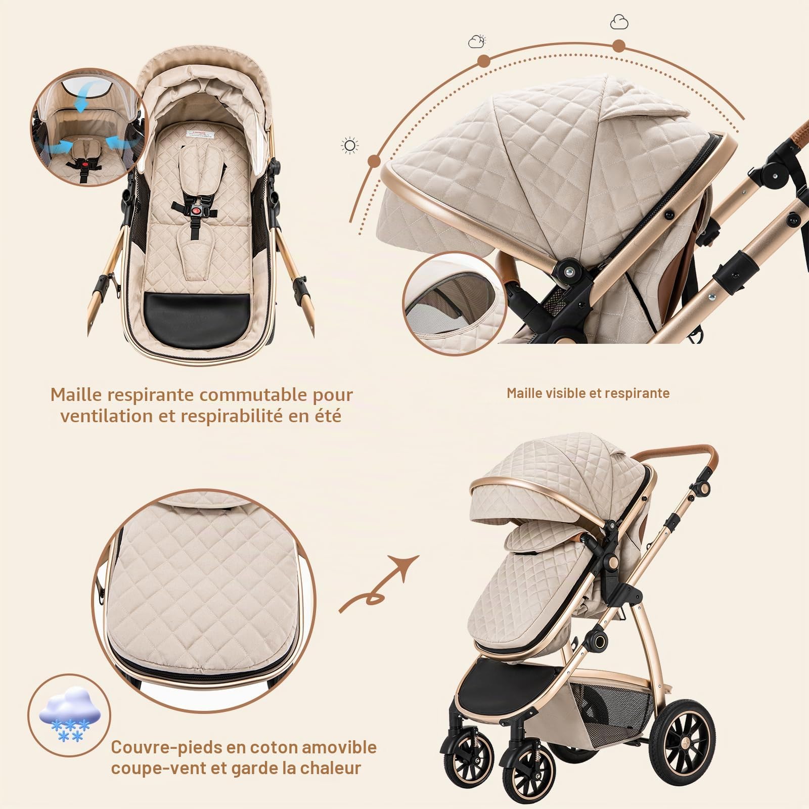 Zkiprm Poussette 3 en 1, Système de Voyage Avec Siège Auto, Landau Accoudoirs réglables, Habillage pluie, Moustiquaire, Châssis aluminium, Landau urbain pour enfants 0-4 ans