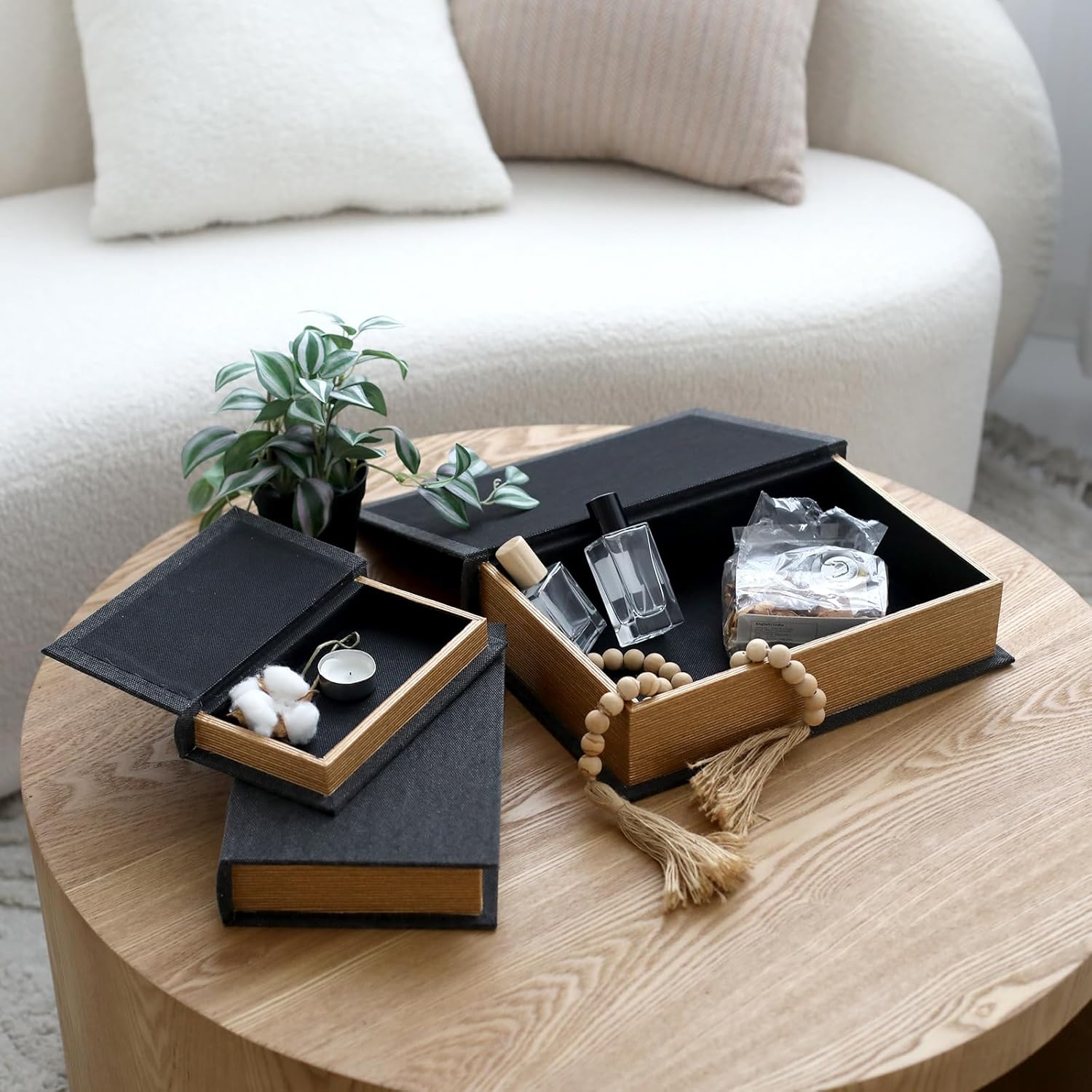 DECOR4SEASON Decorative Book Boxes Set of 3 – Modern Faux Linen & Wood Hidden Storage for Coffee Table – Stackable Fake Books for Shelf Decor, Remote Control & Jewelry Organizer (Black)