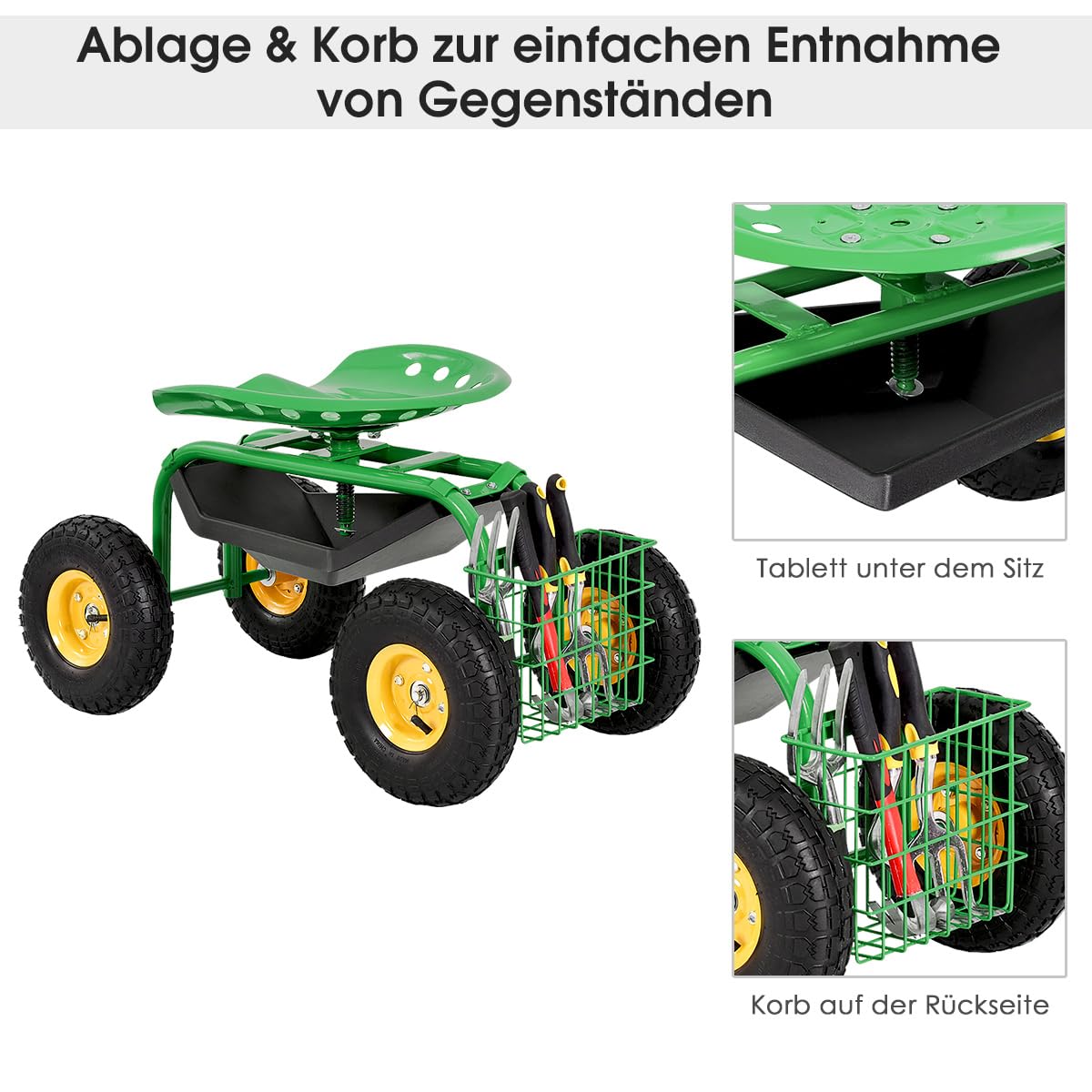 RELAX4LIFE Rollsitz mit Ablage & Korb, Gartensitz mit 4 Rädern, Gartenrollsitz 360 ° Drehbar & Höhenverstellbar 46-53cm, Fahrbarer Arbeitssitz, bis 150kg Belastbar, für Gartenarbeit Autopflege(Grün)