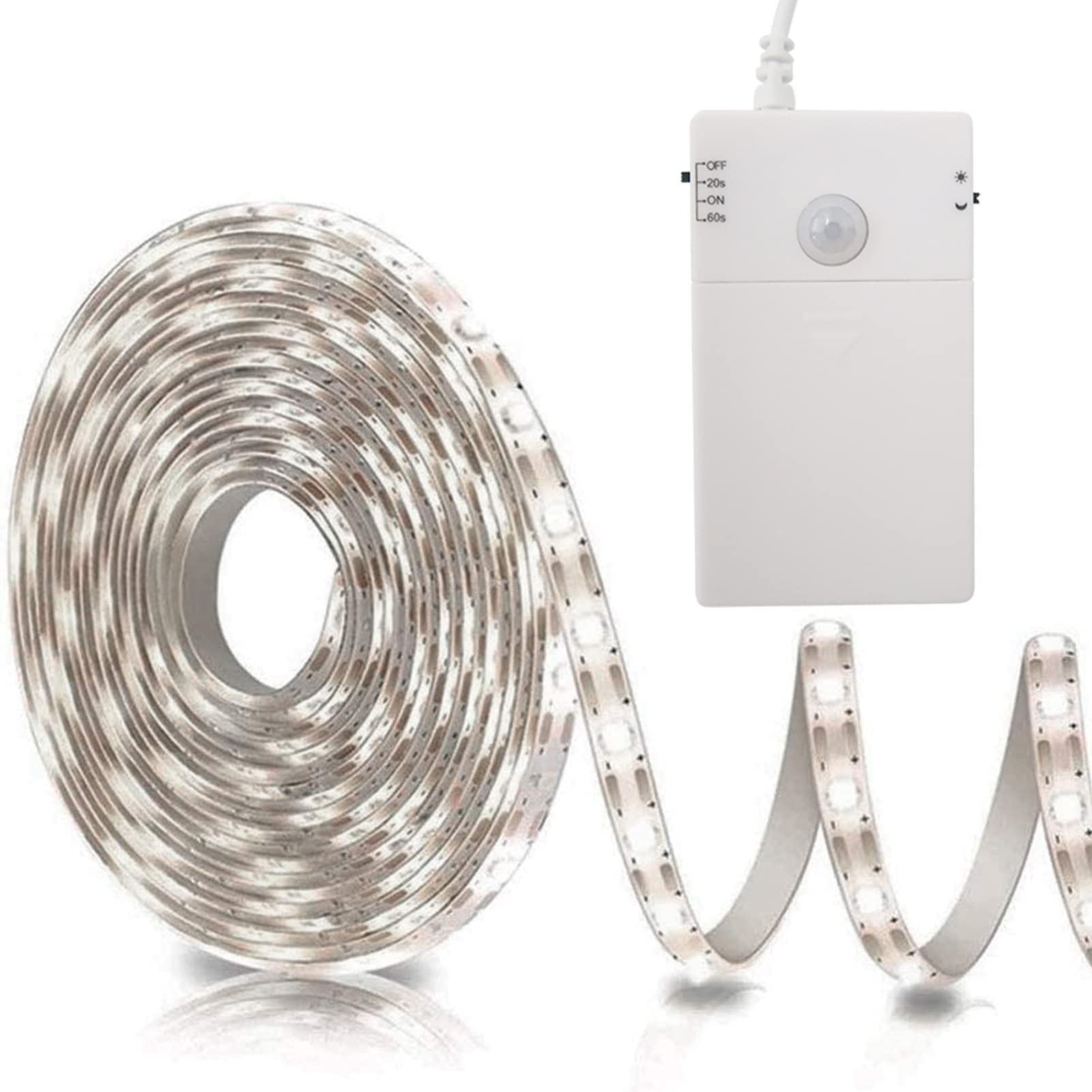 echosari Battery Operated Motion Sensor Cabinet Strip Lights, 9.8Ft 90 LED Counter Closet Strip Light, Motion & Night Sensor Safe Tape Light for Stairs Wardrobe Kitchen (Cool White)