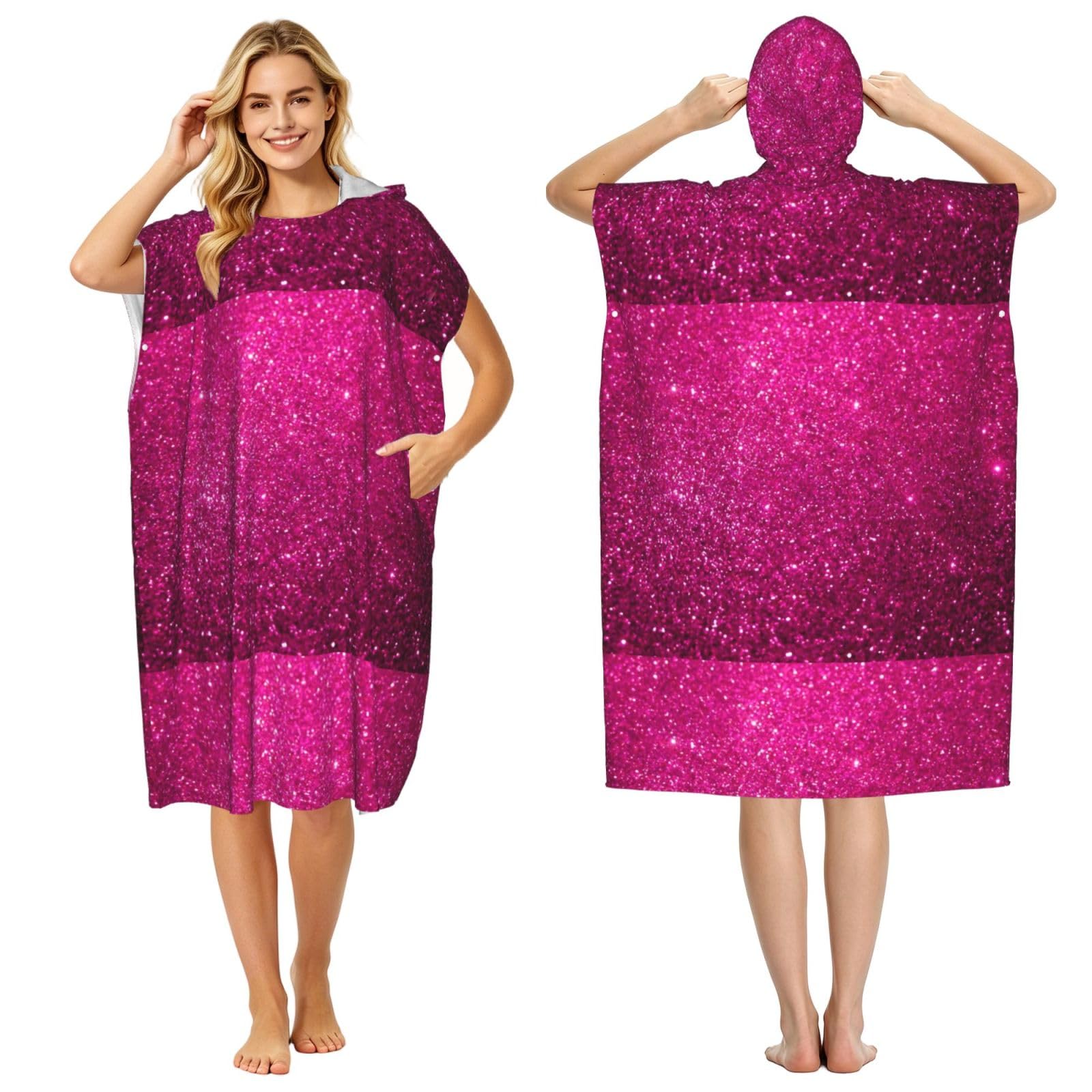 Poadnly Pink Sparkly Glitter, Adult Hooded Beach Towel 90 x 110 cm,Changing Bath Robe, Surf Poncho Towel For Women Men