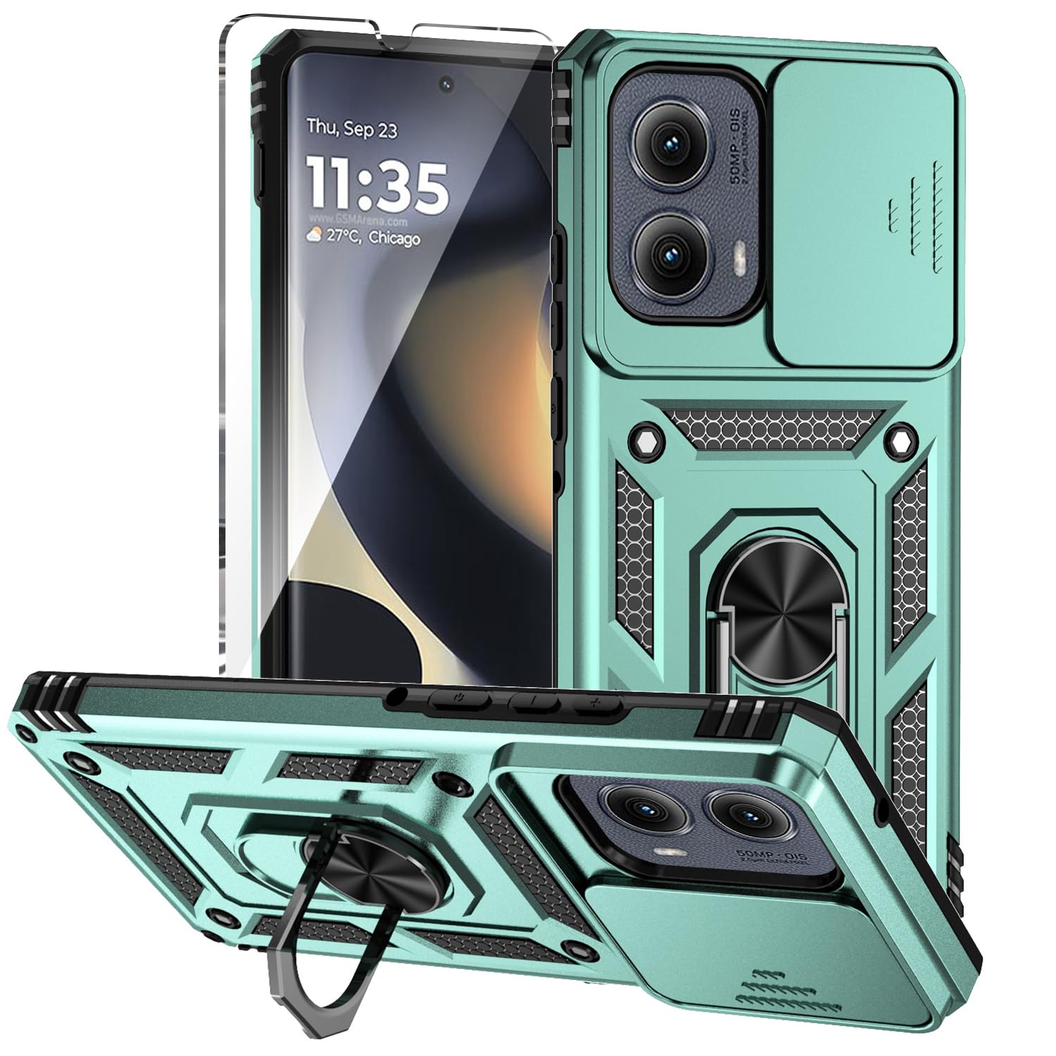 for Motorola Edge 2024 Case with Slide Camera Cover HD Screen Protector [Military Grade 16ft. Drop Tested] Magnetic Ring Kickstand Protective Phone Case for Moto Edge 2024, Dark Green