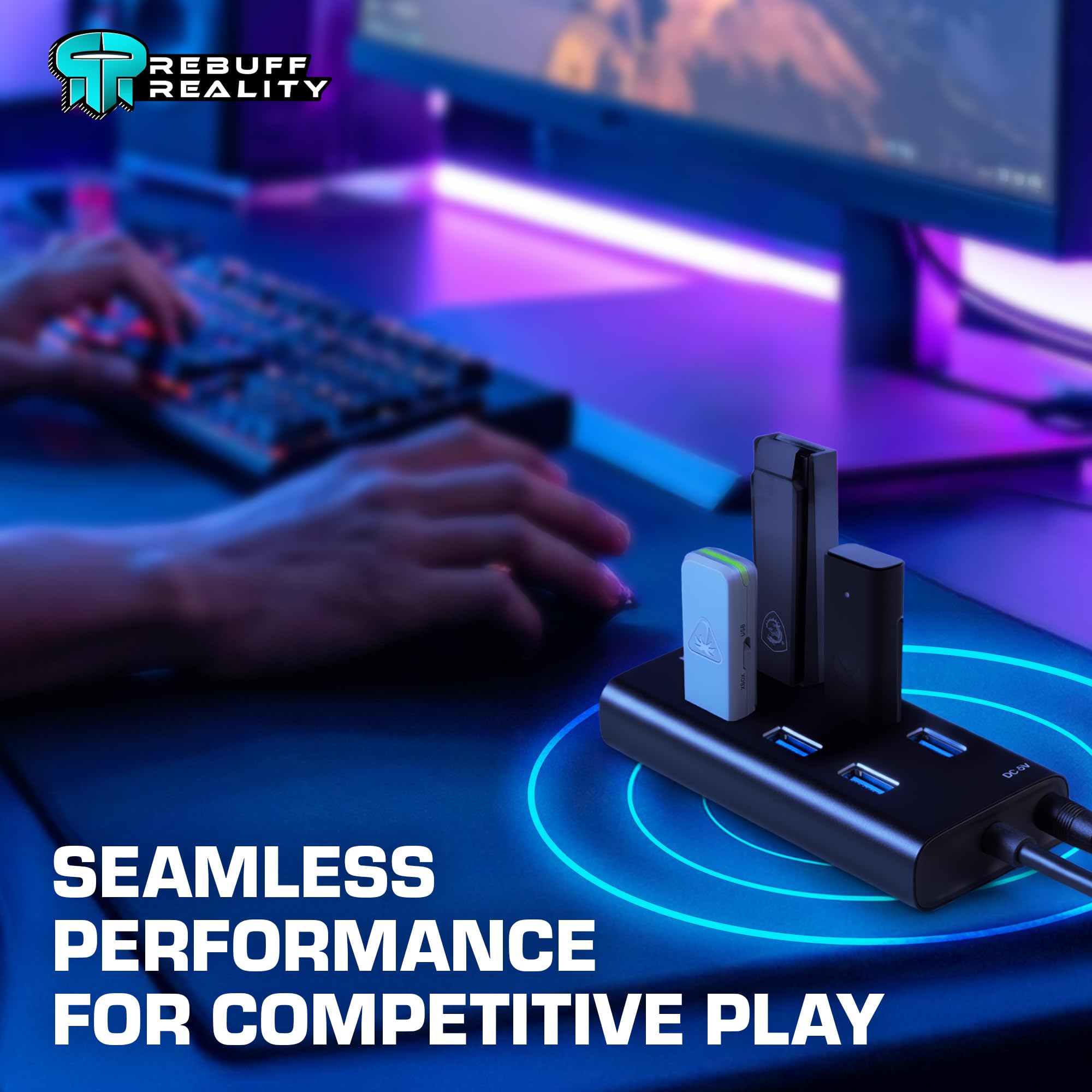 Rebuff Reality 7 Port USB Hub, Dongle USB 3.0 Hub für drahtlose Störungsreduzierung für Gaming, stabile Verbindung & verzögerungsfrei für Maus, Tastatur, Headset, kompatibel mit PC, Mac, Xbox