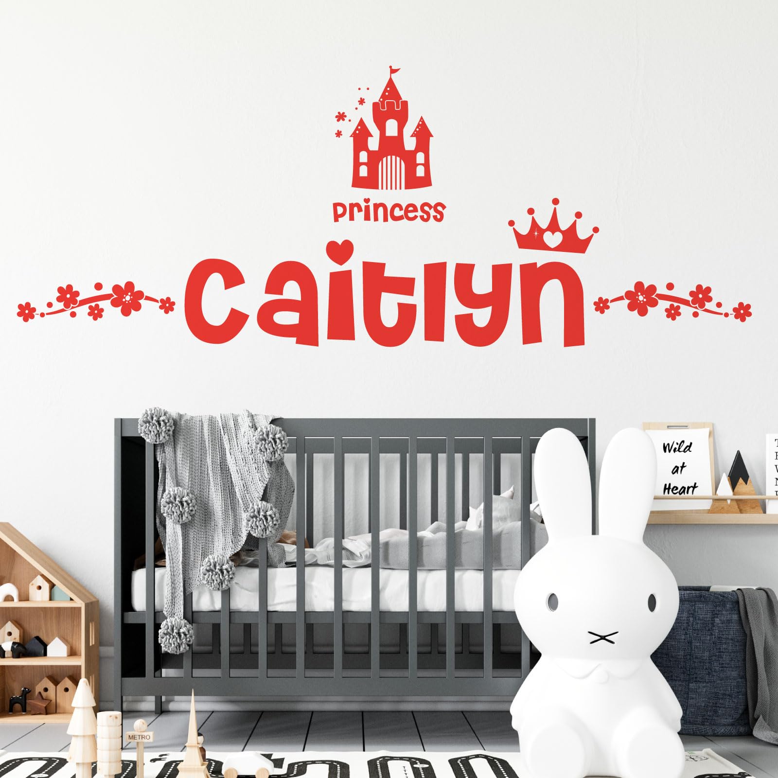 Personalised Name Girls Wall Art Sticker - Princess Disney Castle Crown Floral Motive [Large] [Poppy]