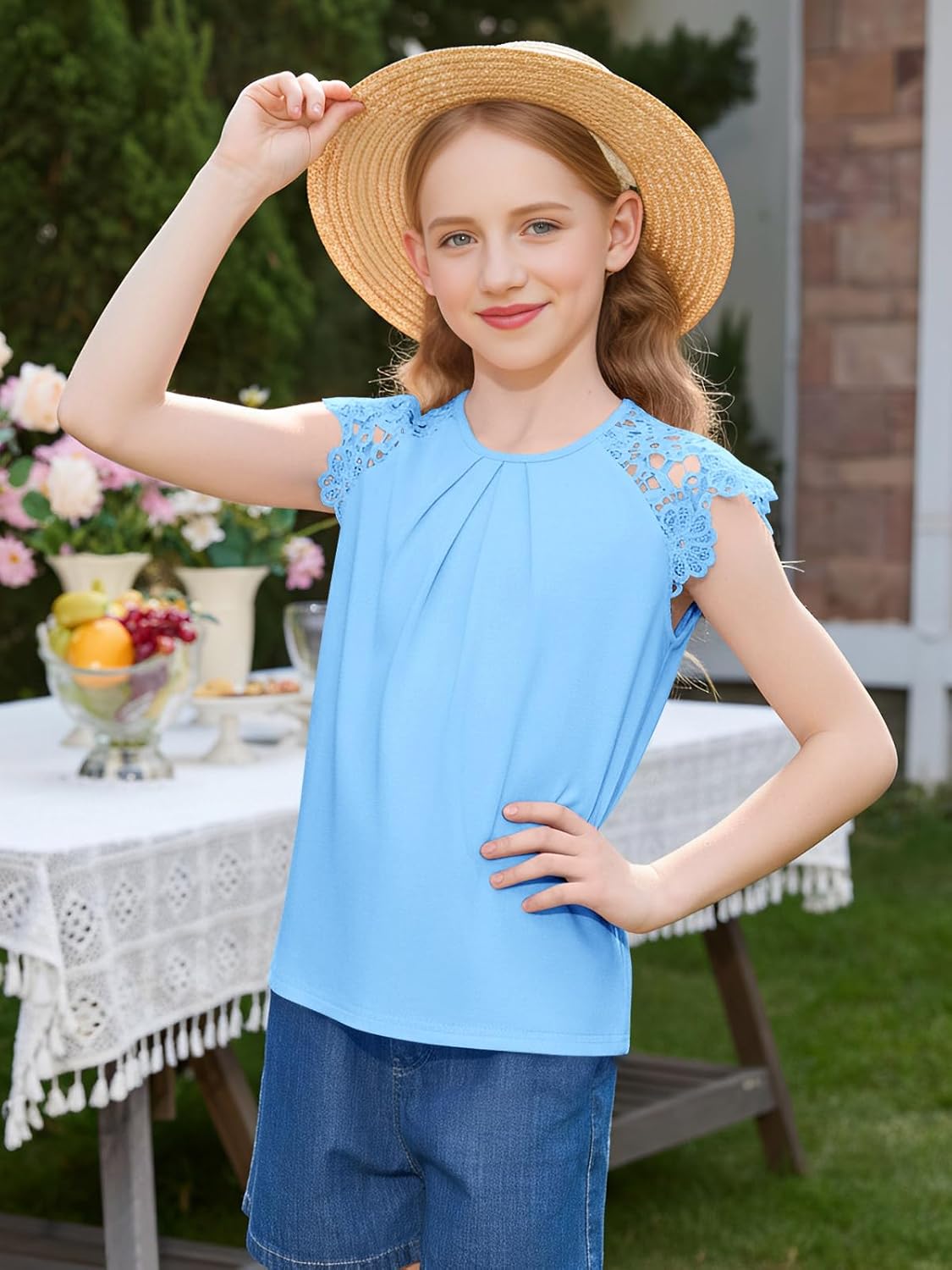 Haloumoning Girls Lace Short Sleeve T Shirts Kids Cute Pleated Blouse Summer Casual Tops Tees 5-14 Years - Image 5