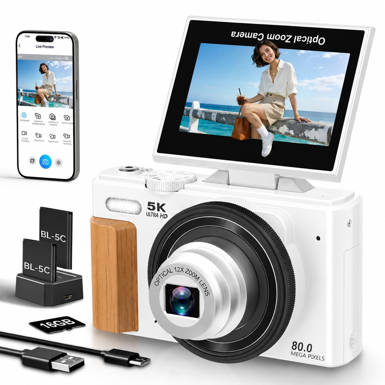Cámara digital 5K 80MP WiFi Cámara fotográfica con pantalla de 3" 180° Cámara compacta para principiantes, enfoque automático, zoom óptico 12X, 2 baterías, tarjeta de 16 GB
