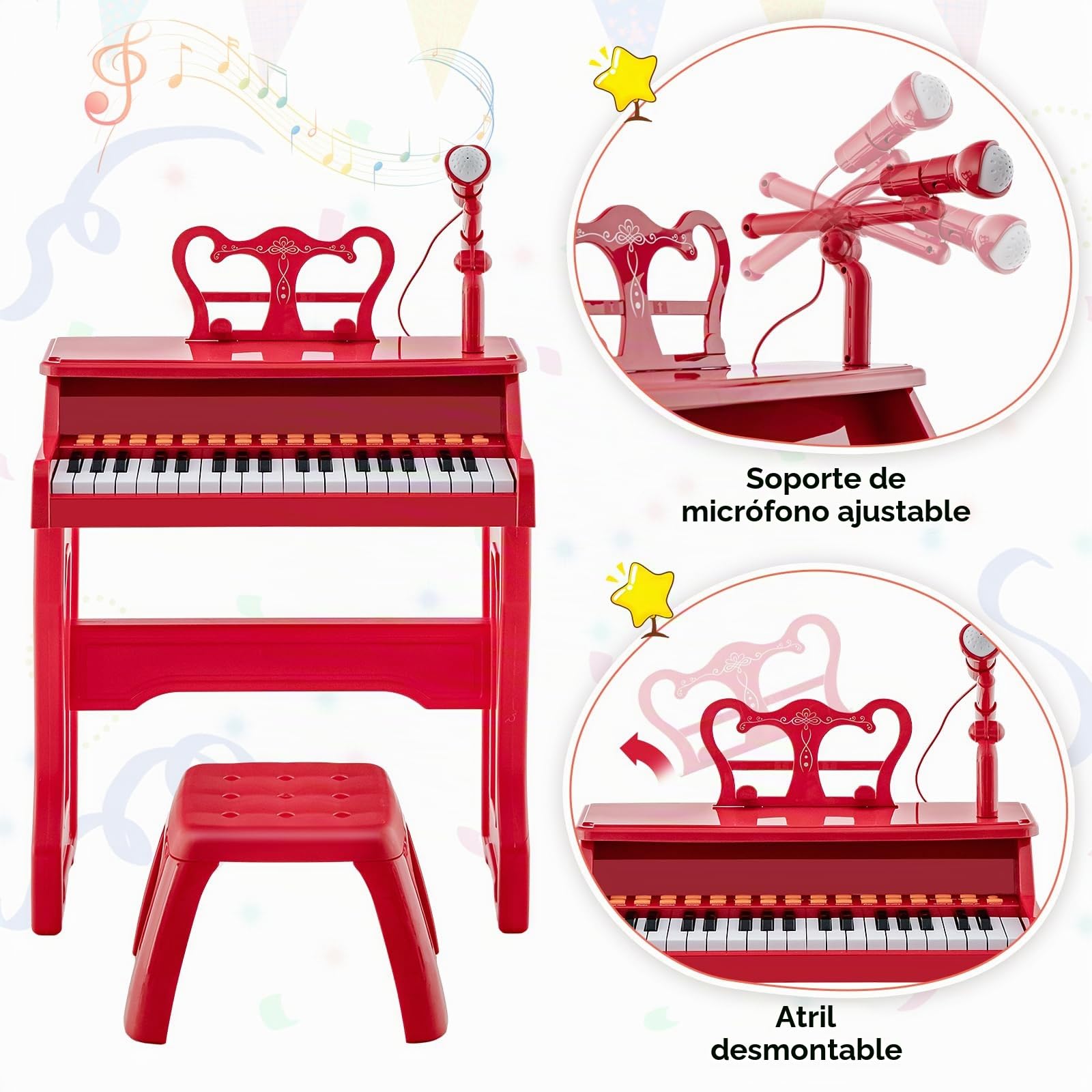 KOMFOTTEU Juego de Piano Infantil de 37 Teclas, Piano Electrónico con Atril Ajustable y Micrófono, Piano Teclado de Piano con Taburete, Teclado para Niños a Partir de 3 Años (Rojo)