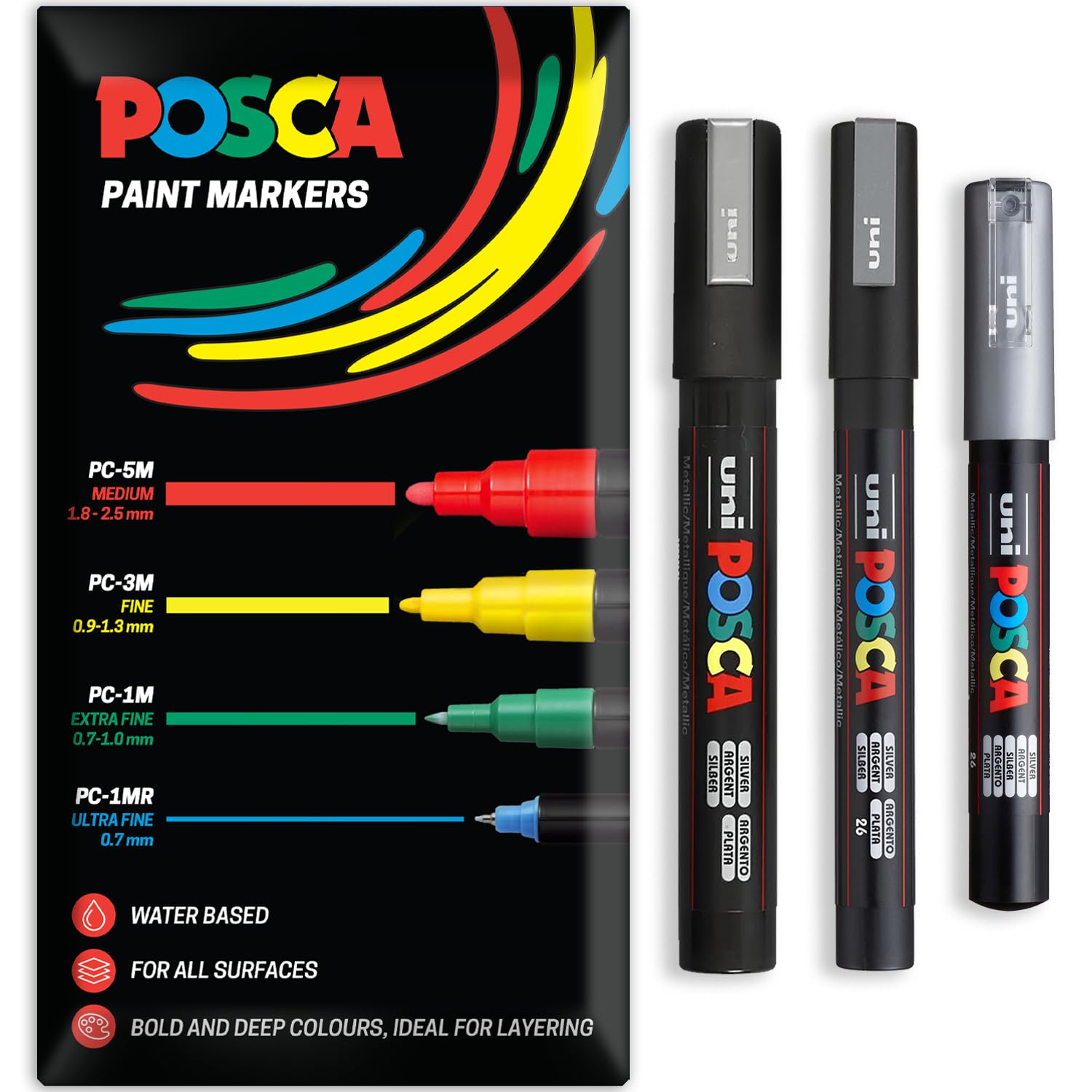 Posca Water Based Acrylic Paint Marker Pens | Multi Surface Use Permanent Paint Pen | Pack of 3 Pens in Envelope Gift Packaging | Glass Fabric Canvas Wood etc | PC-1M, PC-3M, PC-5M, Silver