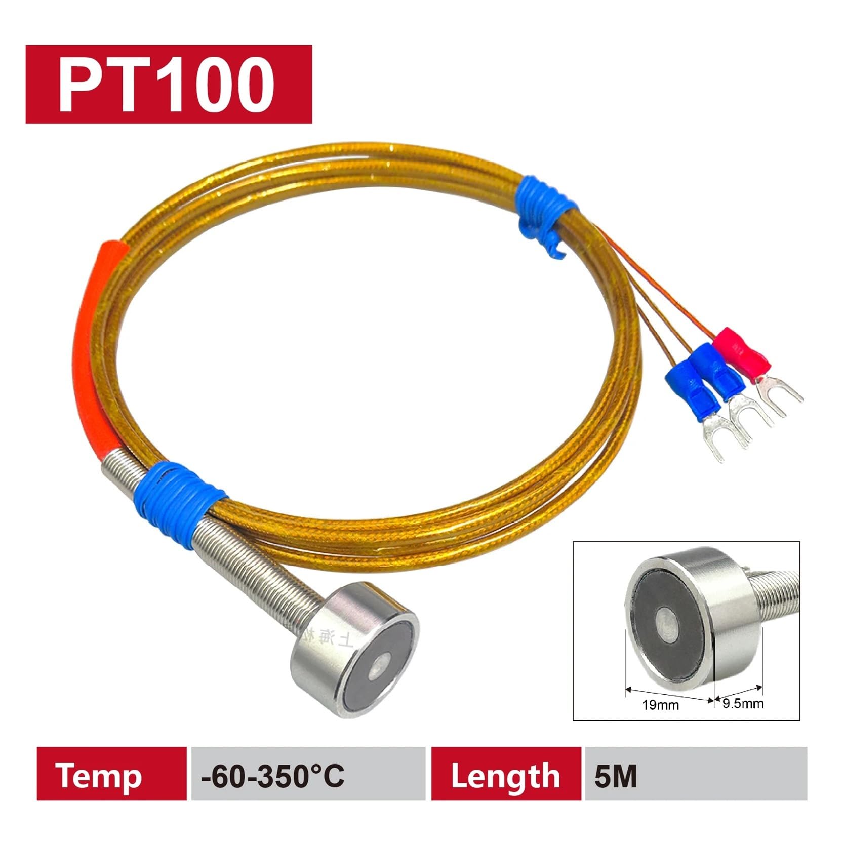 Capteur de température Sonda de sensor RTD de termopar tipo K PT100 magnético de acero inoxidable for montaje en superficie(-60-350-Pt100-5m)