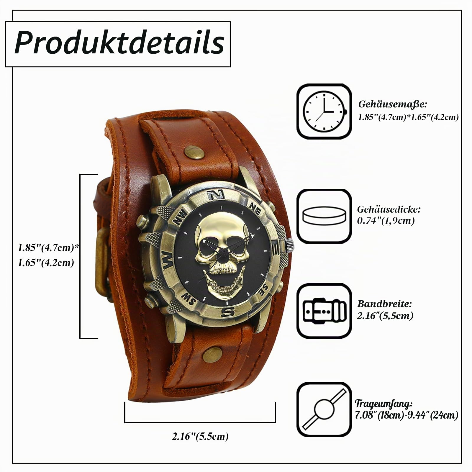 JewelryWe Totenkopf Uhren Herren Leder: Analog Quarz Armbanduhr Gothic Punk Schädel Patronenhülse Gewehrkugel Panzerkette Uhr mit Breit Leder Armband