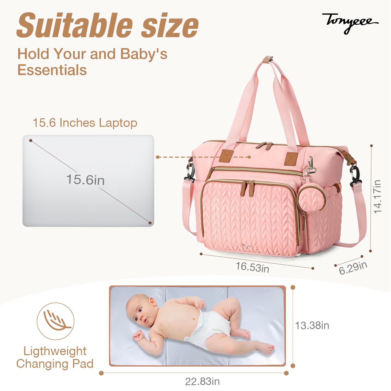 Ritzy, borsa per pannolini di lusso, borsa da viaggio per la mamma, leggera, elegante, con fasciatoio, per mamma, rosa