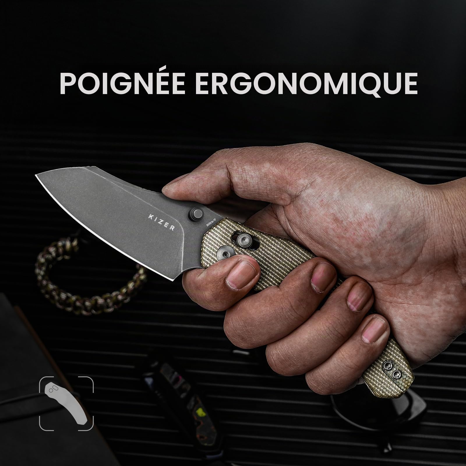 Kizer Bulldog Couteau de Poche, Couteaux Pliable à Lame Nitro V de 7,62cm Manche en Micarta, Couteau de Camping et de Randonnée avec Clip Réversible, Non-automatique, Petits Couteaux EDC V3672A3