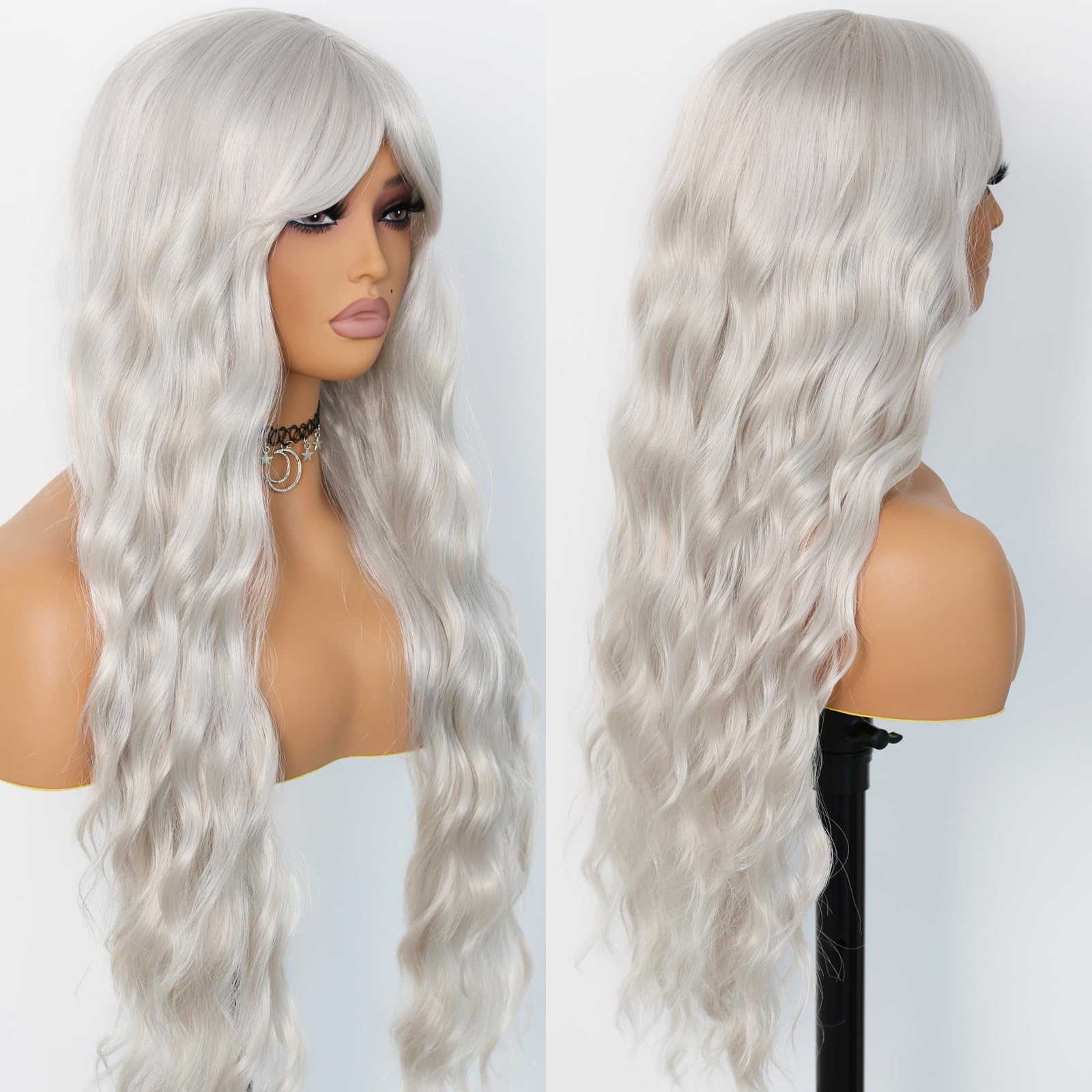 Amazon.com: EVLYNN Silver Gray Wig with Bangs Grey Wigs for  display picture 2