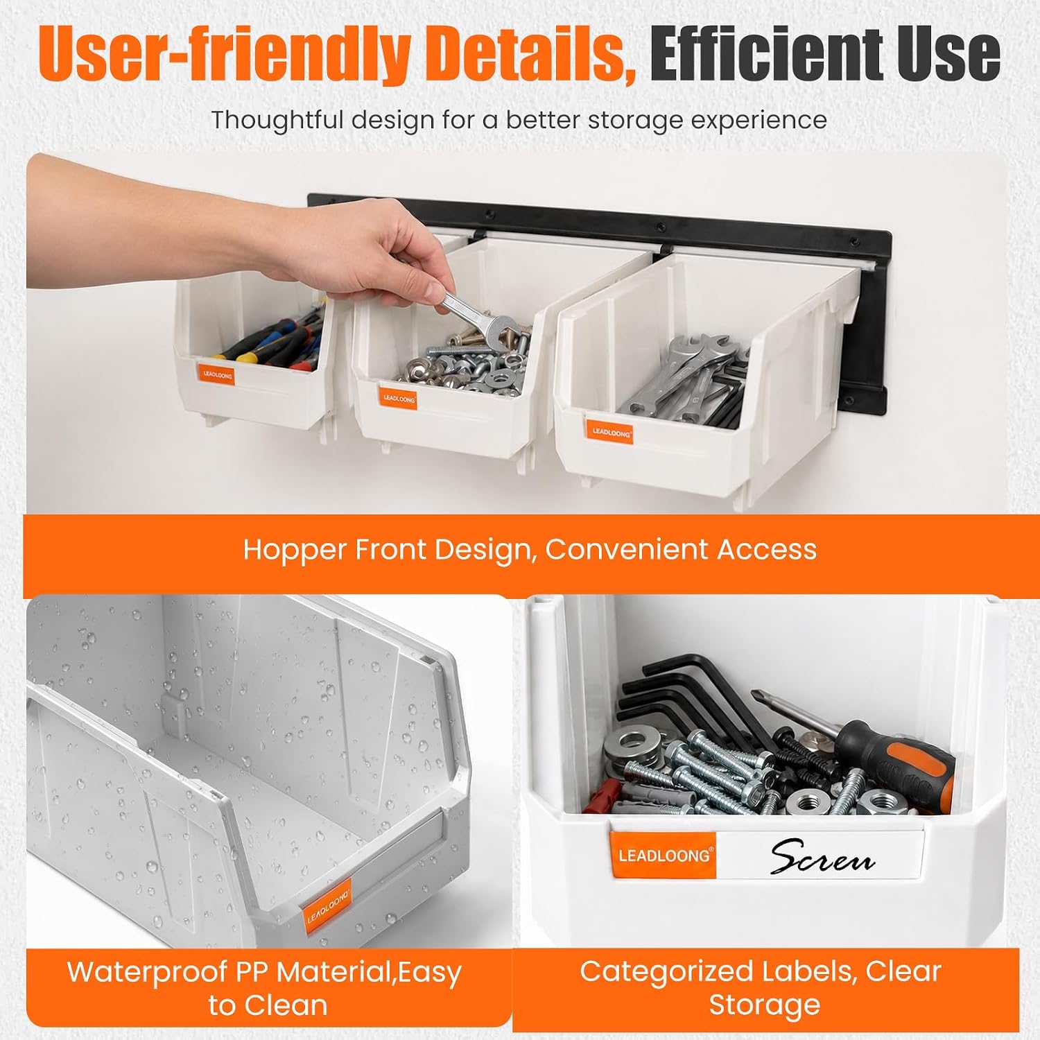 14pc Wall-Mounted Storage Organizer Mixed V1 V2 Combo White | Heavy duty metal rails multi-size bins combo pack for garage tools, screws, hardware & batteries.