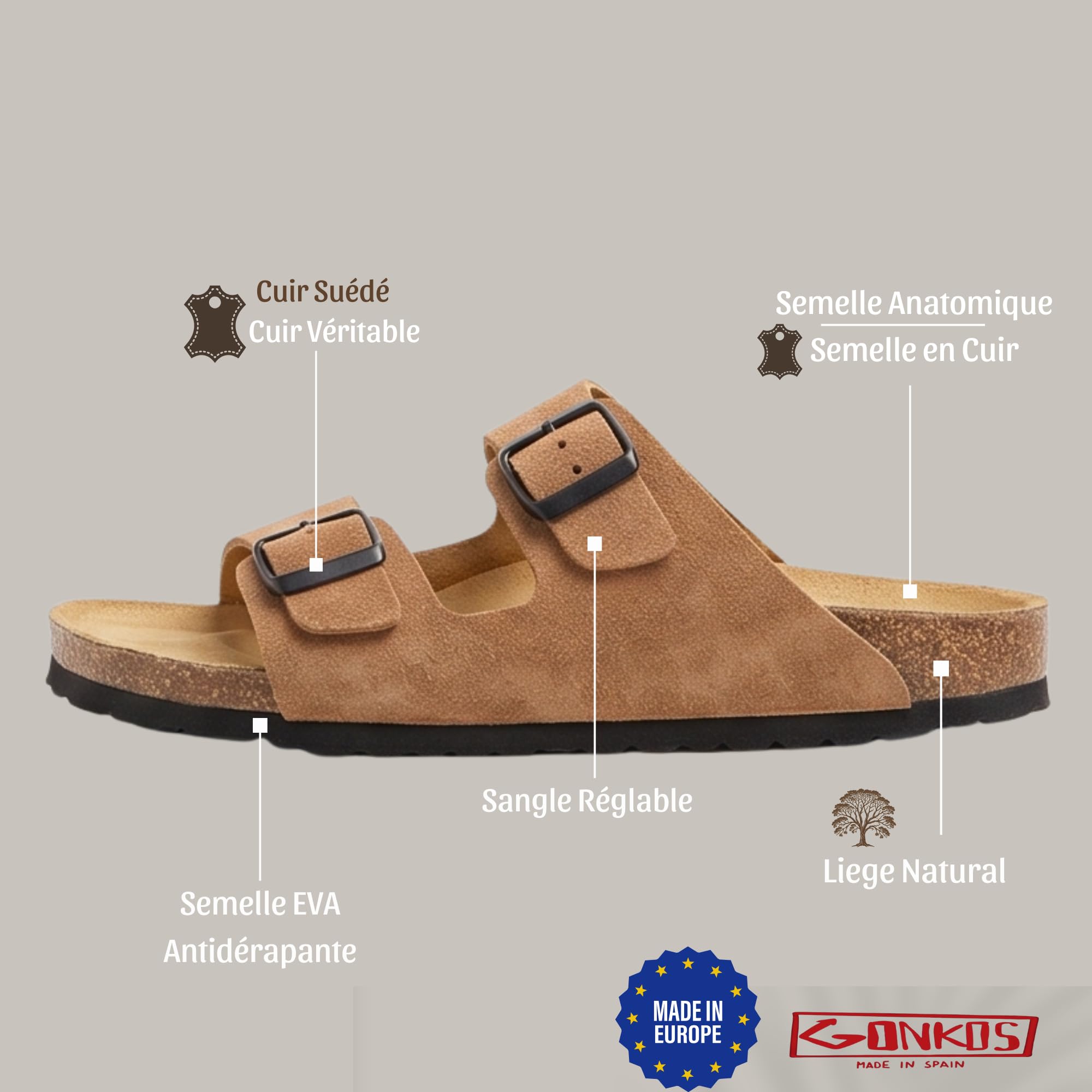 Sandales en Cuir avec Boucles, Mules Cuir Véritable, Liège Naturel, Réglables au Pied, Mules Homme/Femme Cuir, Semelle Antidérapante EVA, Sandales de Qualité Fabriquées en Espagne