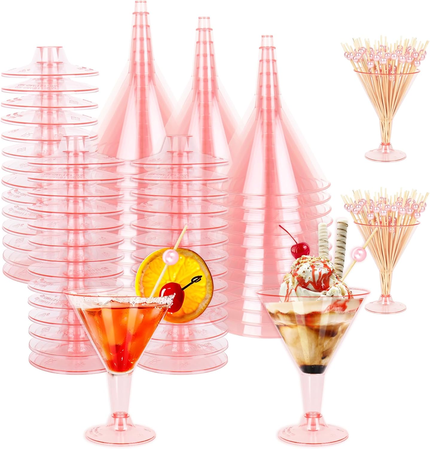 JarThenaAMCS 80 Pack 7Oz Plastic Martini Glasses with Pearl Cocktail Pick Disposable Goblet Clear Stemmed Wine Cup for Bar Party Margarita Appetizer Dessert Supplies