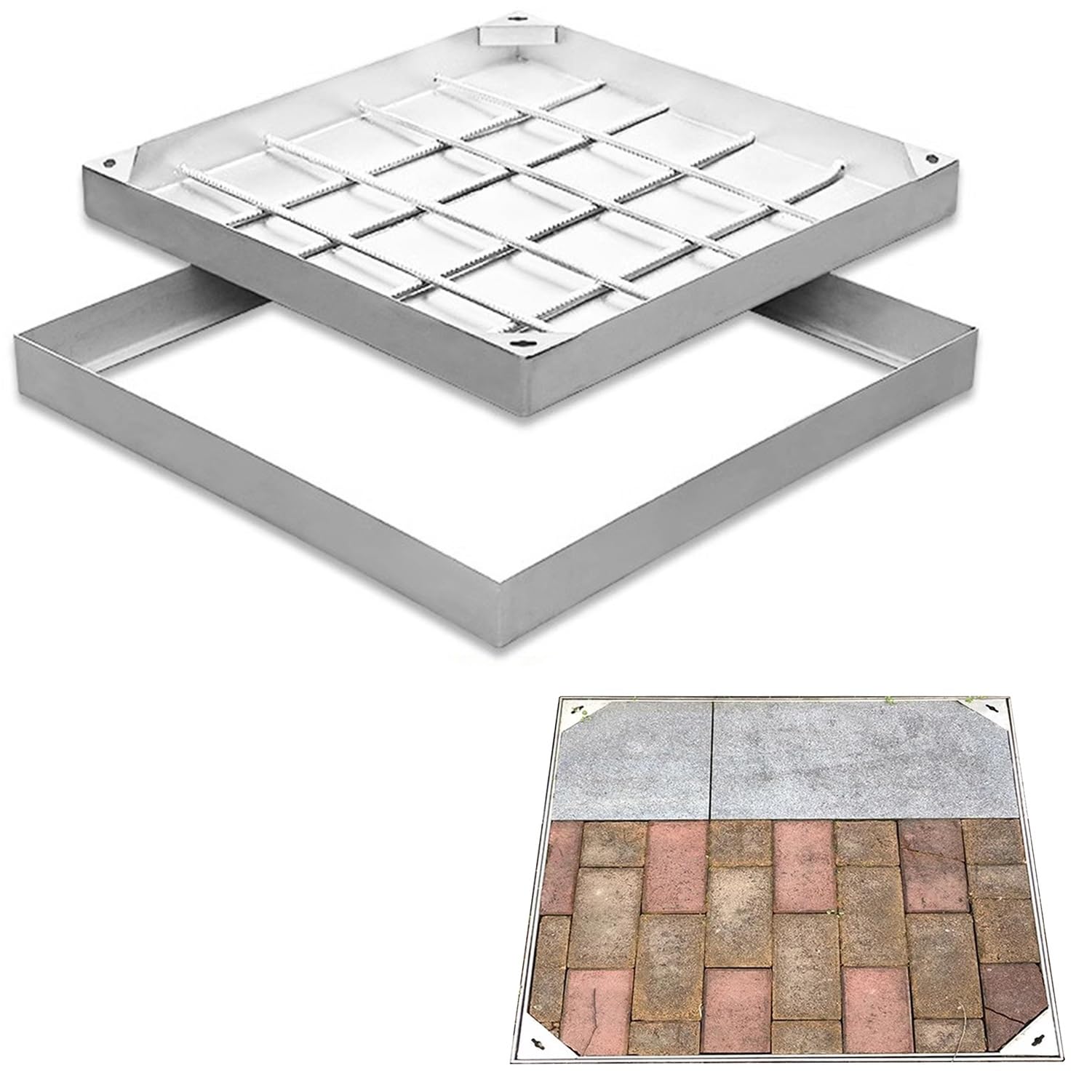 Coperchio e Telaio per pozzetto a Incasso, Coperchio Quadrato per Fossa settica con Base, Design Invisibile per l'ispezione delle fognature, Ideale per pavimentazioni in Blocchi e per Uso es
