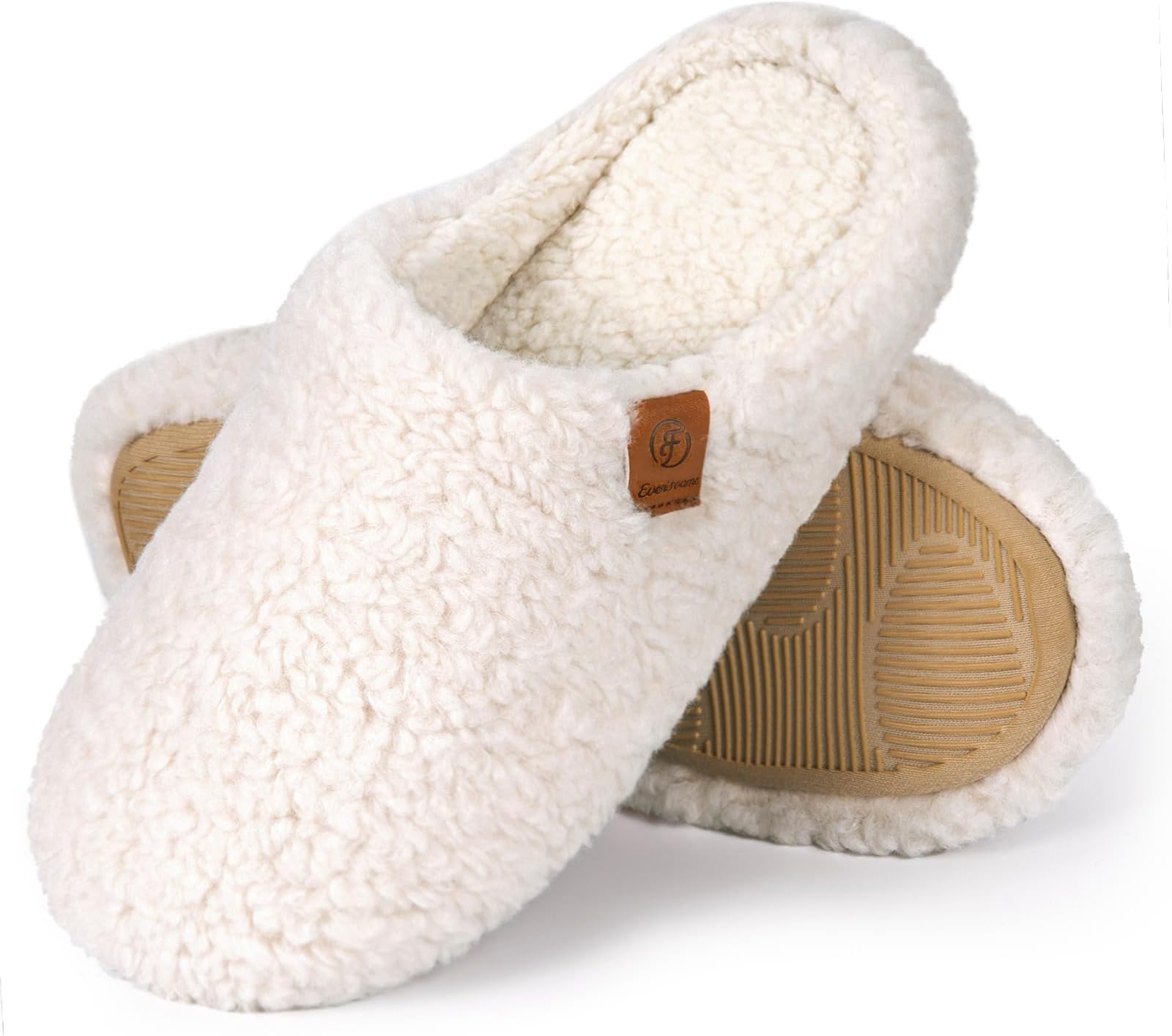 Women's Mule Slippers - Shearling Memory Foam Wool Touch with Polar Fleece Lining House Shoes, Beige, 9-10