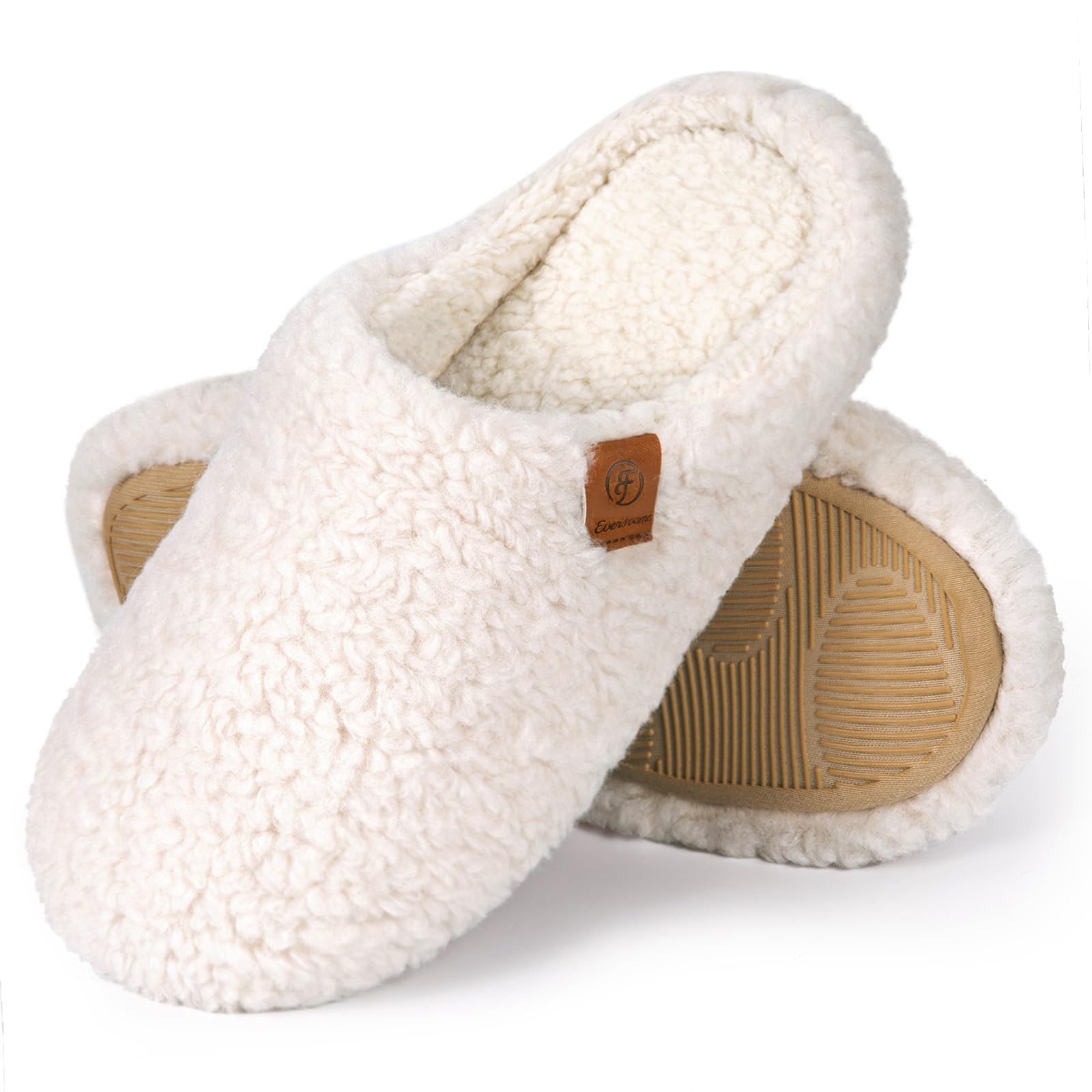 Women's Mule Slippers - Shearling Memory Foam Wool Touch with Polar Fleece Lining House Shoes, Beige, 9-10