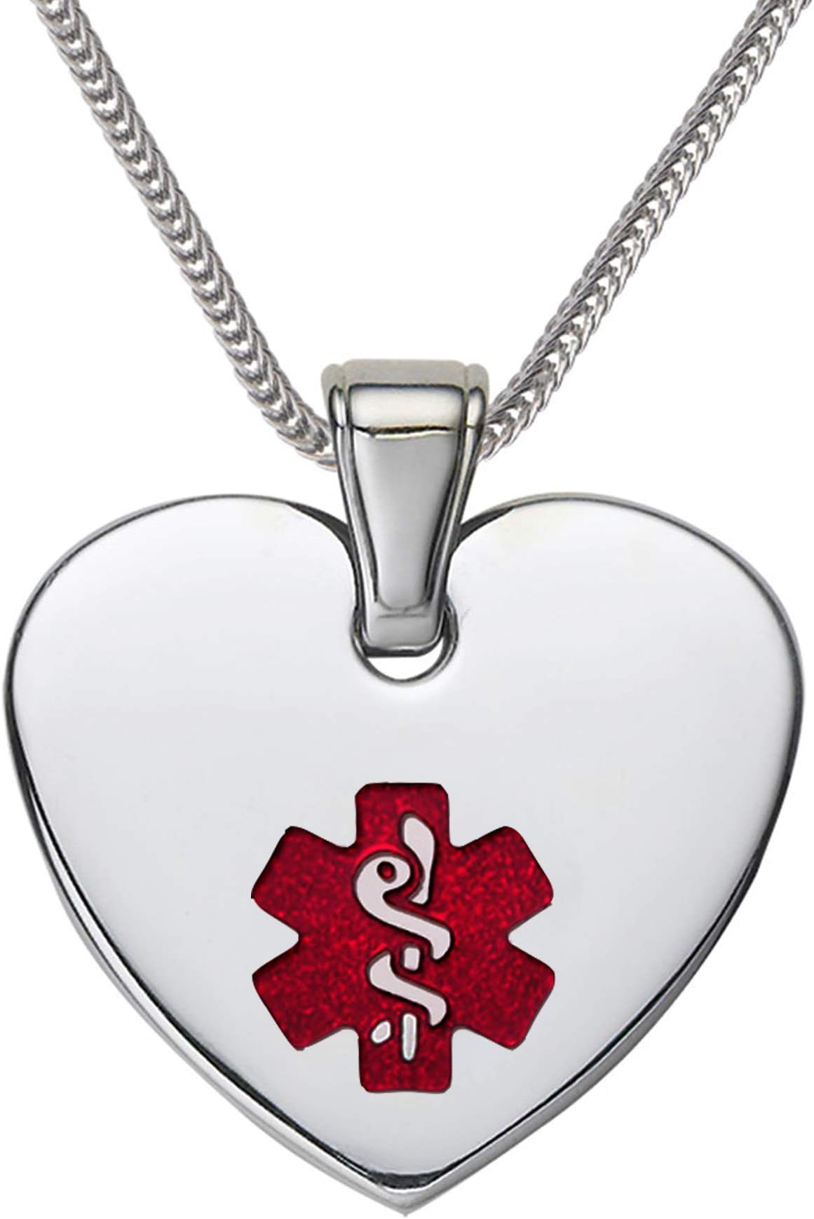 DivotiDeep Custom Laser Engraved Stainless Steel Medical Alert Necklace for Women, Heart Tag Medical ID Necklace, Medical Pendant Tag w/Free Engraving -24/28" Various Chain -Color Options