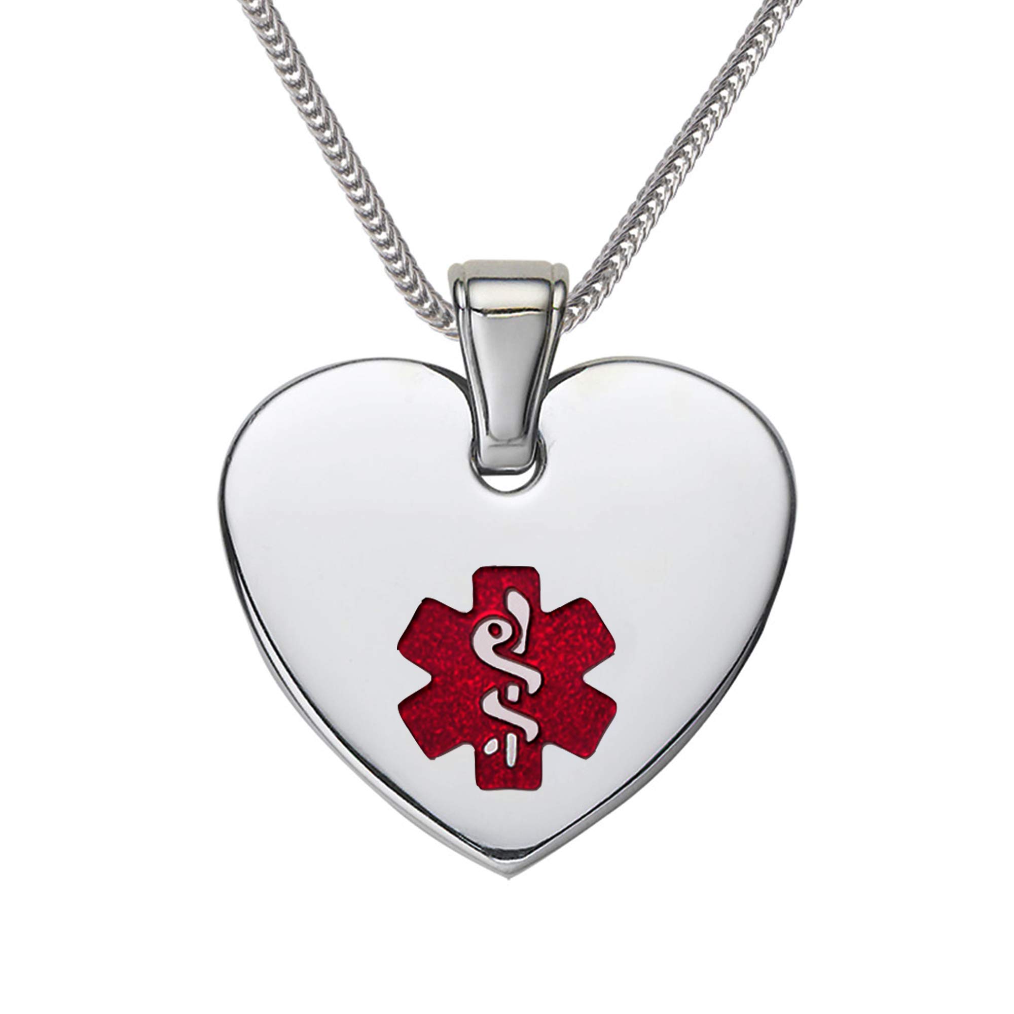 DivotiDeep Custom Laser Engraved Stainless Steel Medical Alert Necklace for Women, Heart Tag Medical ID Necklace, Medical Pendant Tag w/Free Engraving -24/28" Various Chain -Color Options