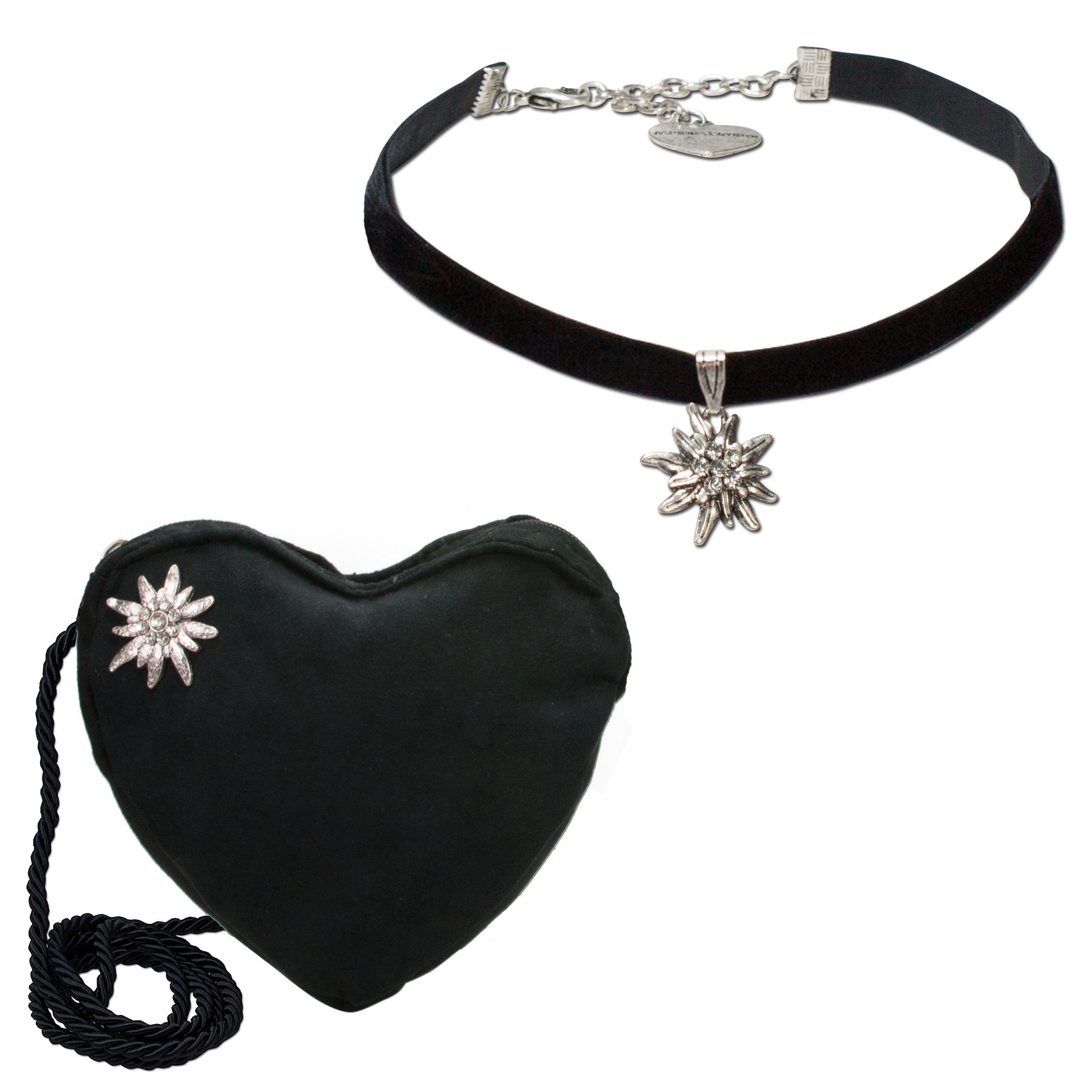 Alpenflüstern Trachtenset Trachten-Samt-Kropfband und Herztasche Strass-Edelweiß - Damen-Trachten-Schmuck und Trachtentasche, elastische Trachtenkette und Dirndltasche in traditionellen Farben SET034