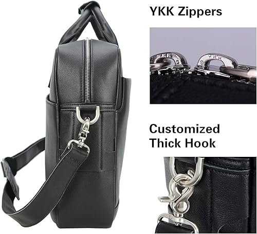 Miniatura 6 de Maletín de cuero genuino de grano completo para hombre de 16 pulgadas, bolsa de mensajero con cremalleras YKK (negro)