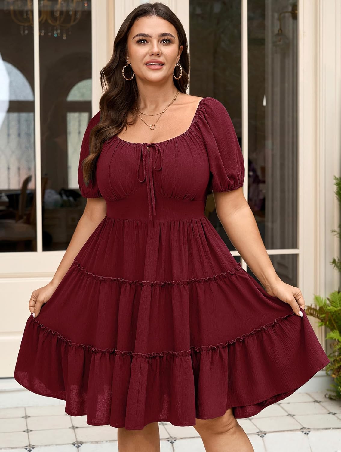 SCOMCHIC Women's Plus Size Summer Dresses Short Sleeve Square Neck Milkmaid A Line Boho Tiered Mini Short Dress - Image 3