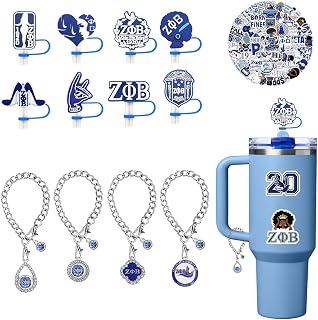 Sorority Straw Covers for Stanley, 8 Pcs Reusable Straw Toppers with 4 Pcs Cup Charms and 60 Pcs Waterproof Vinyl Stickers Sorority Accessories (ZPB Sorority)