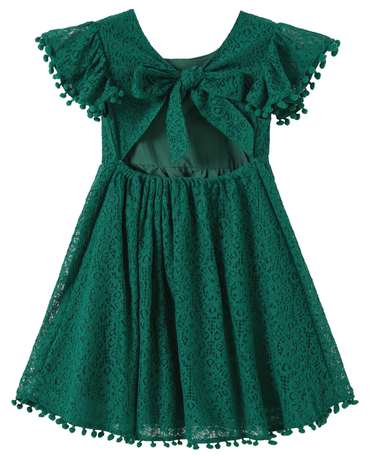 Niyage Backless Toddler Dress Open Back Girls Lace Bow Tie-Back Pom Pom Flutter Sleeves Party Princess Dresses