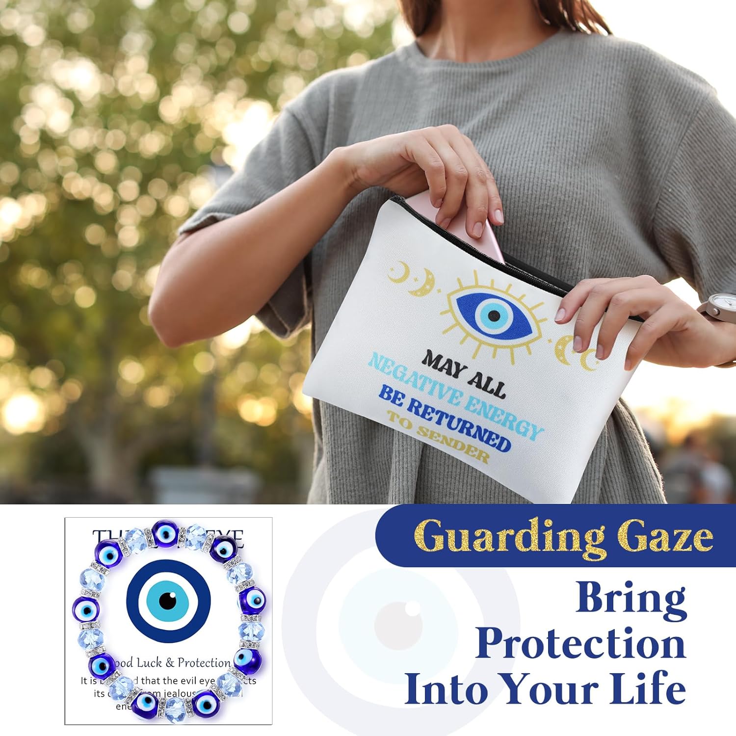 Skylety 8 Pcs Evil Eye Gift for Women Evil Eye Mug Protection Candle Bracelet Charm Makeup Bag Good Luck Card Spiritual Gift for Christmas Brithday - Image 6