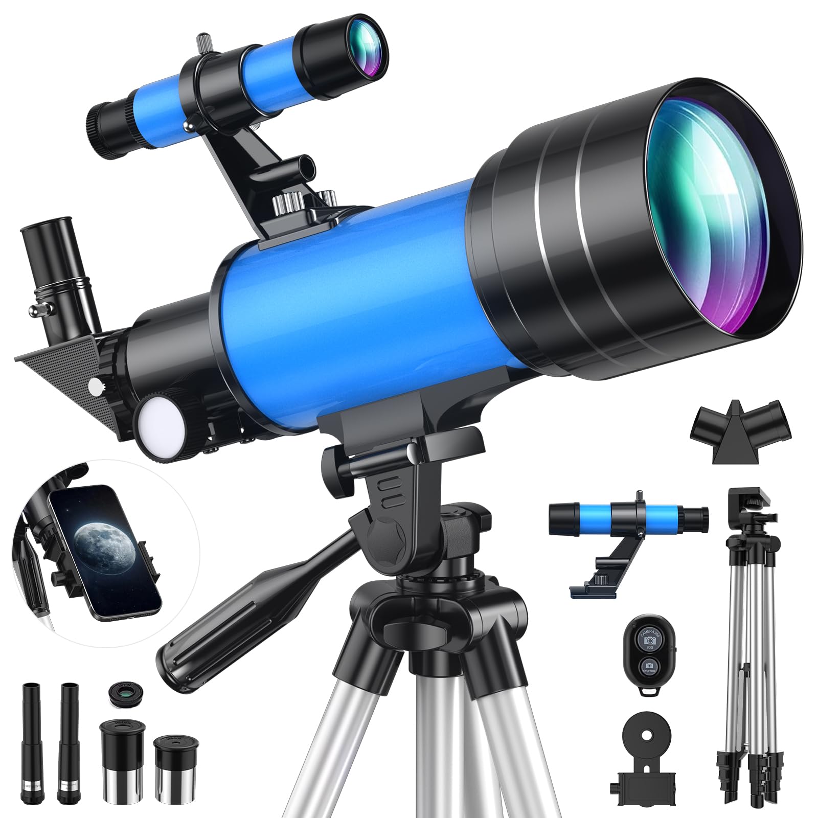 Télescope 70MM Ouverture pour Adultes Enfants débutants en Astronomie, Telescope astronomique réfracteur entièrement Multicouche à Haute Transmission, Trépied, Adaptateur Téléphone,Télécommande