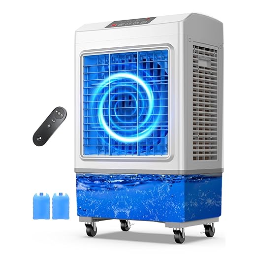 Large Swamp Cooler Air Conditioner, 2200CFM Evaporative Air Cooler, 7H Timer & 8 Gal Water Tank, 100°Oscillation, 3 Speeds & 1 Ice Boxes,Remote, Portable Air Conditioner for Garage Home