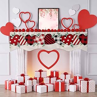 Mantle Scarf Valentine's Love Sweetheart and Leaves Fireplace Scarf Stripe Lattice Dot Heart on Burlap Mantle Cover Runner for Festive Party Supplies Decor,70x17In